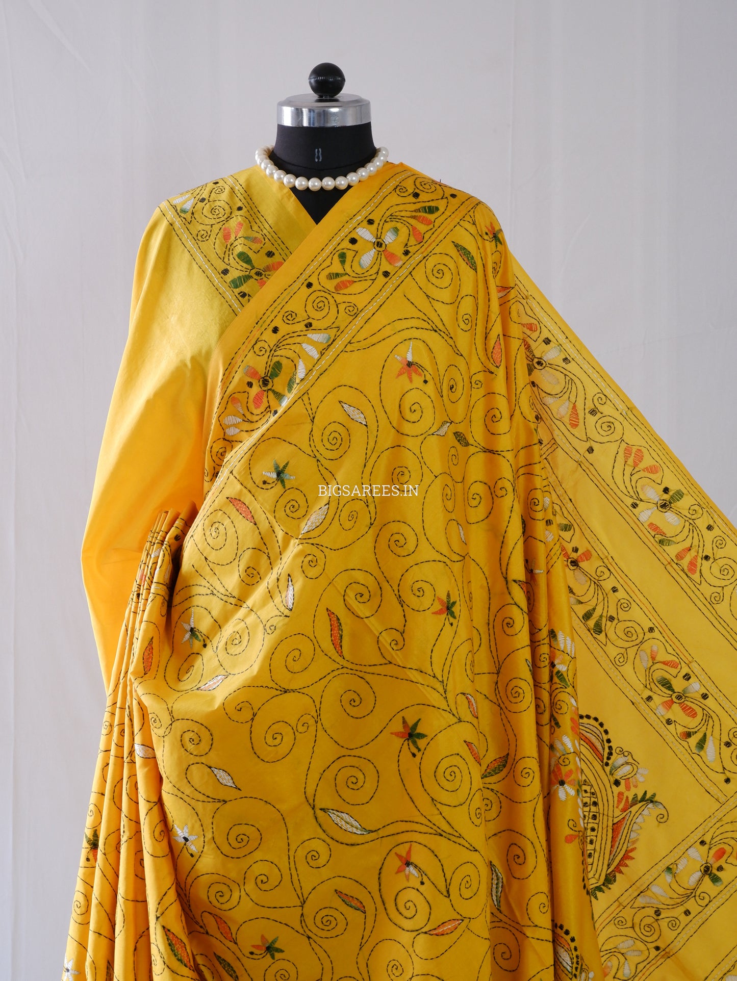 Kantha-Stitch Hand Embroidered Saree | Blended Bangalore Silk / Art Silk | Yellow