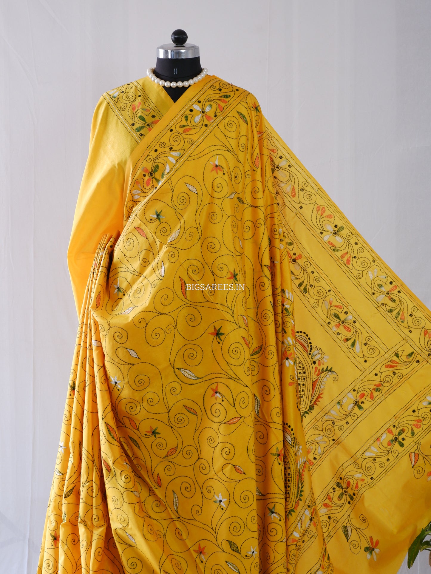 Kantha-Stitch Hand Embroidered Saree | Blended Bangalore Silk / Art Silk | Yellow