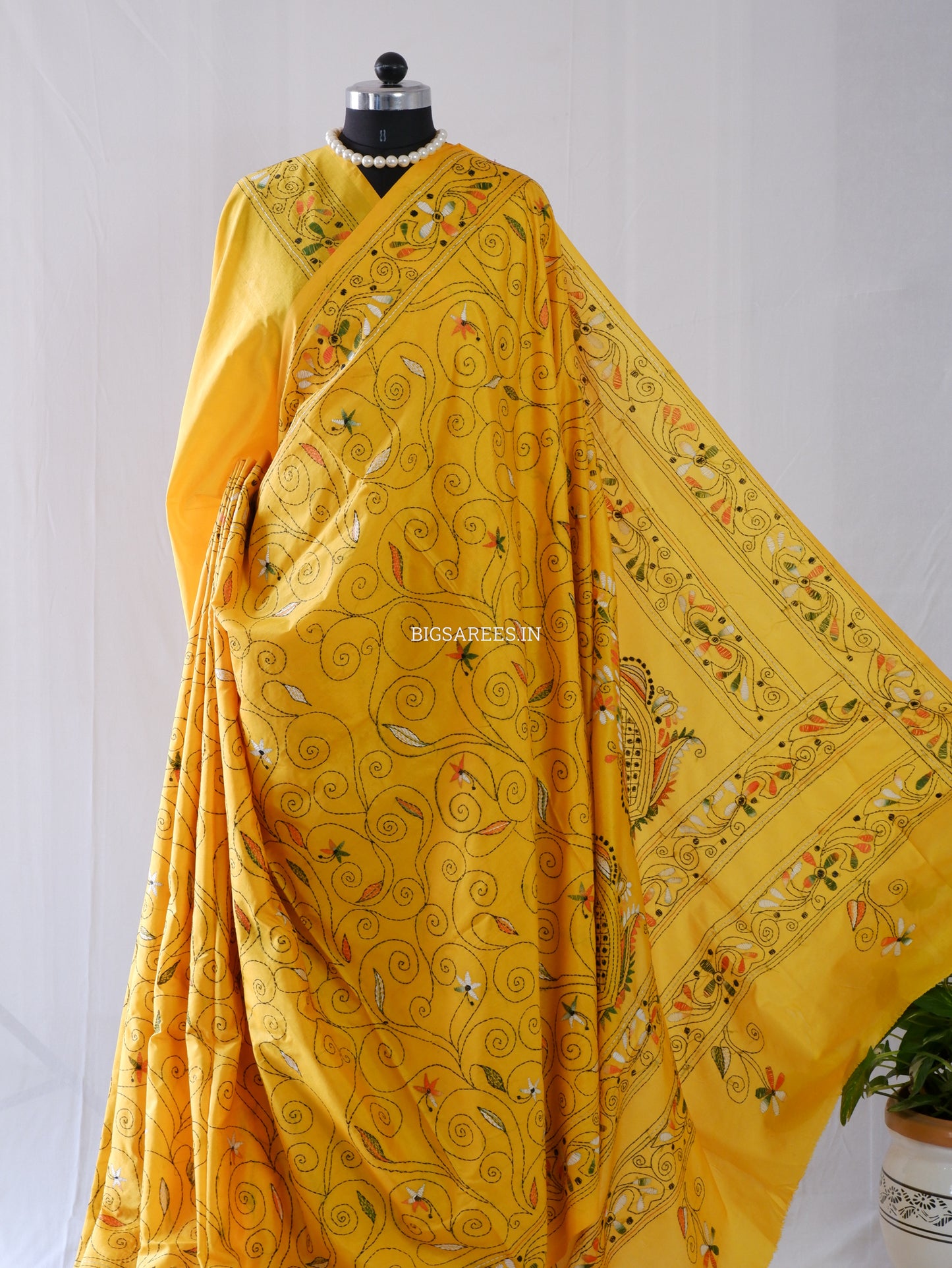 Kantha-Stitch Hand Embroidered Saree | Blended Bangalore Silk / Art Silk | Yellow