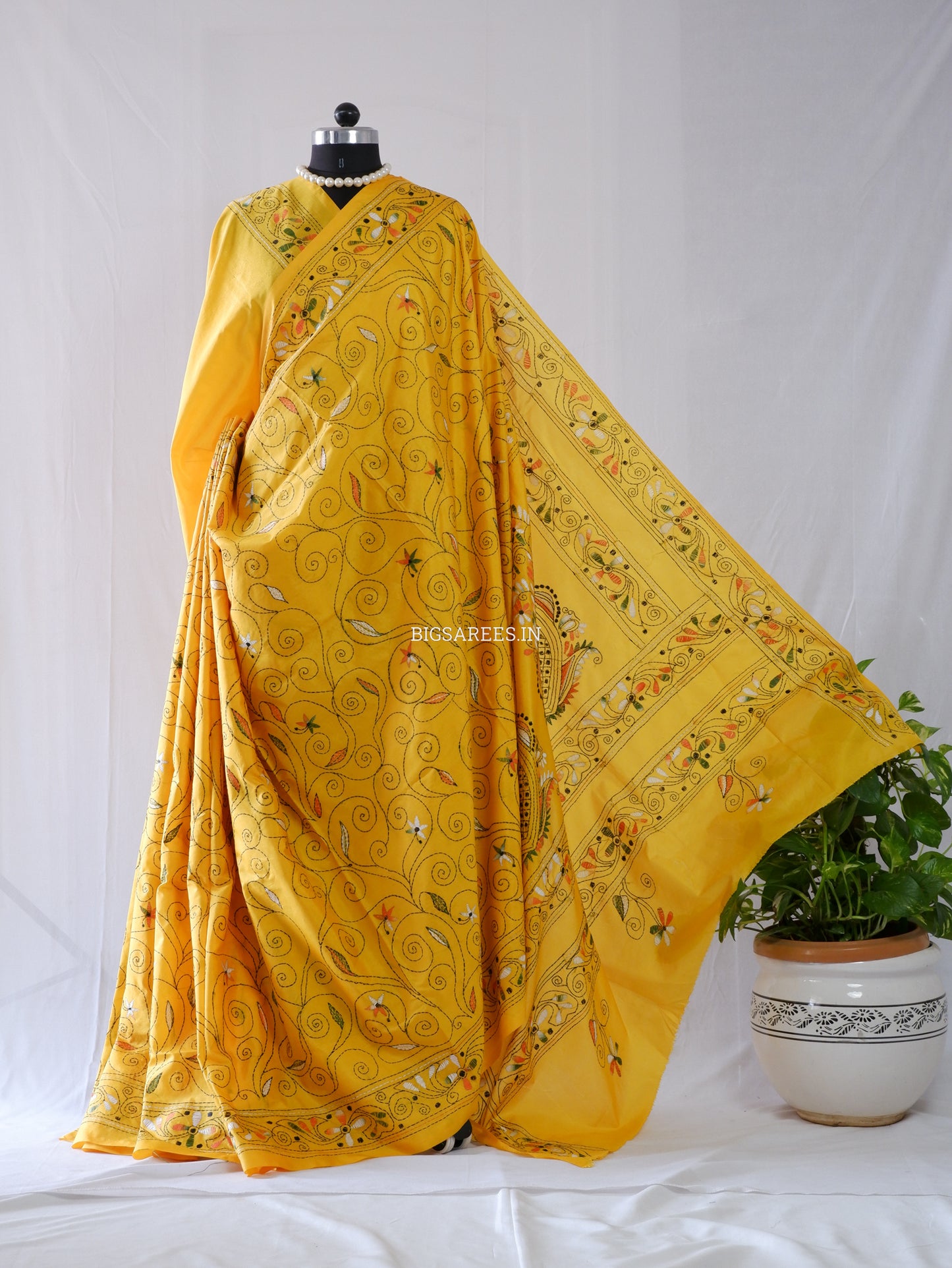 Kantha-Stitch Hand Embroidered Saree | Blended Bangalore Silk / Art Silk | Yellow
