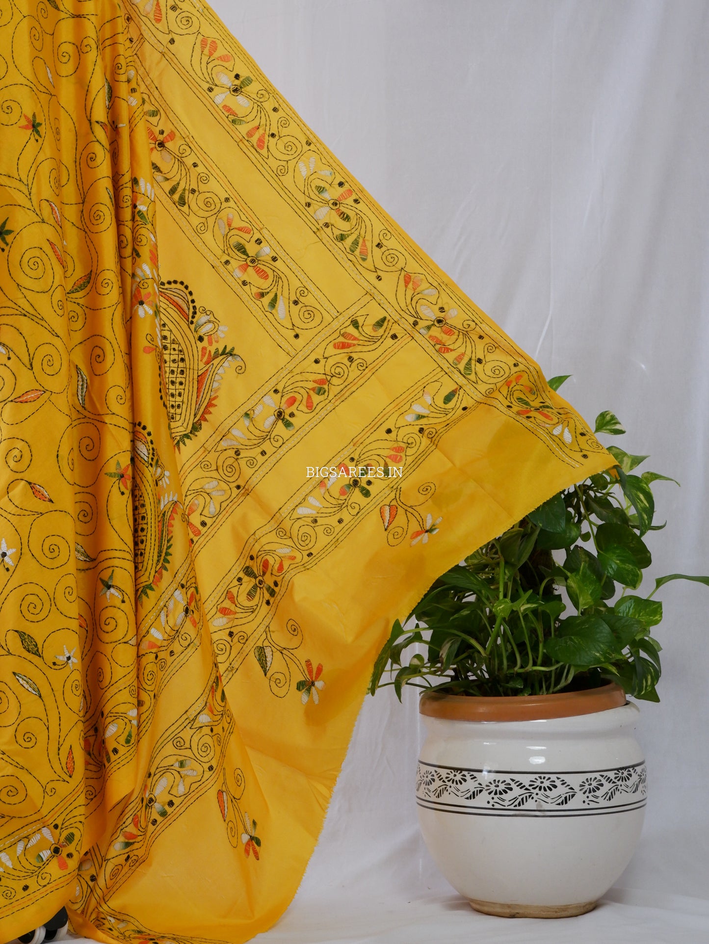 Kantha-Stitch Hand Embroidered Saree | Blended Bangalore Silk / Art Silk | Yellow