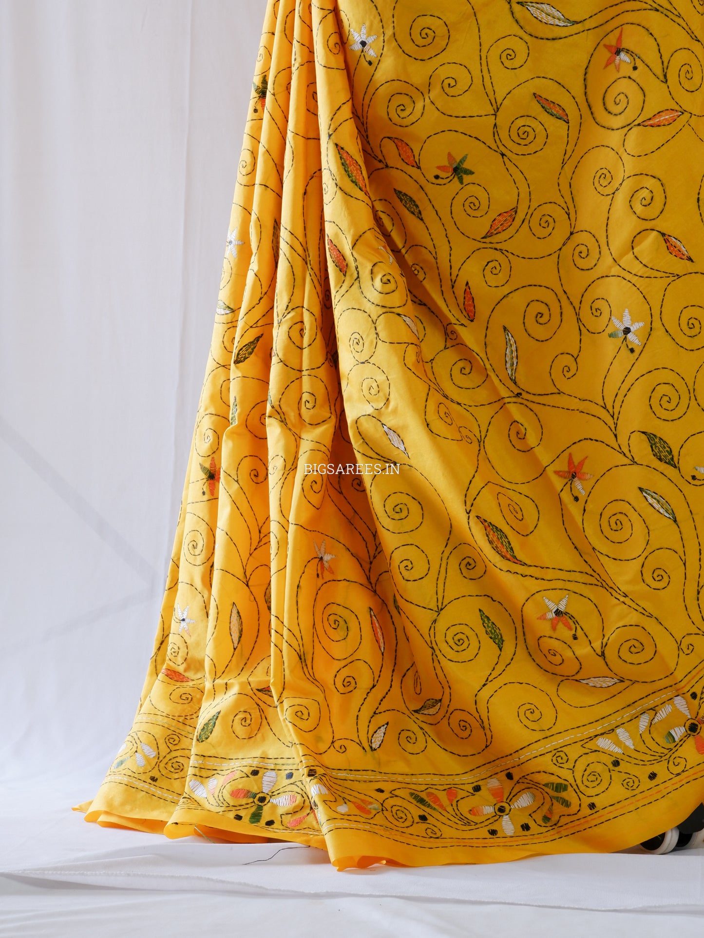 Kantha-Stitch Hand Embroidered Saree | Blended Bangalore Silk / Art Silk | Yellow