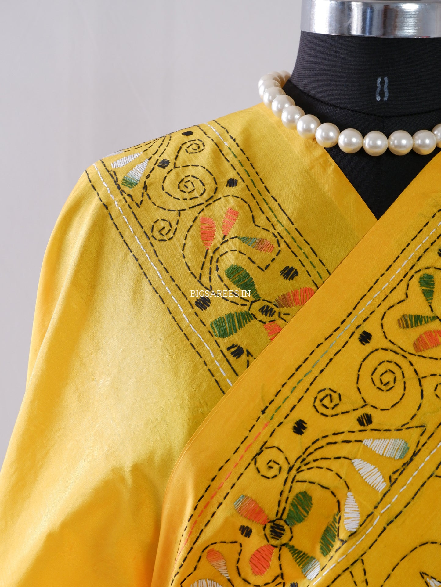 Kantha-Stitch Hand Embroidered Saree | Blended Bangalore Silk / Art Silk | Yellow