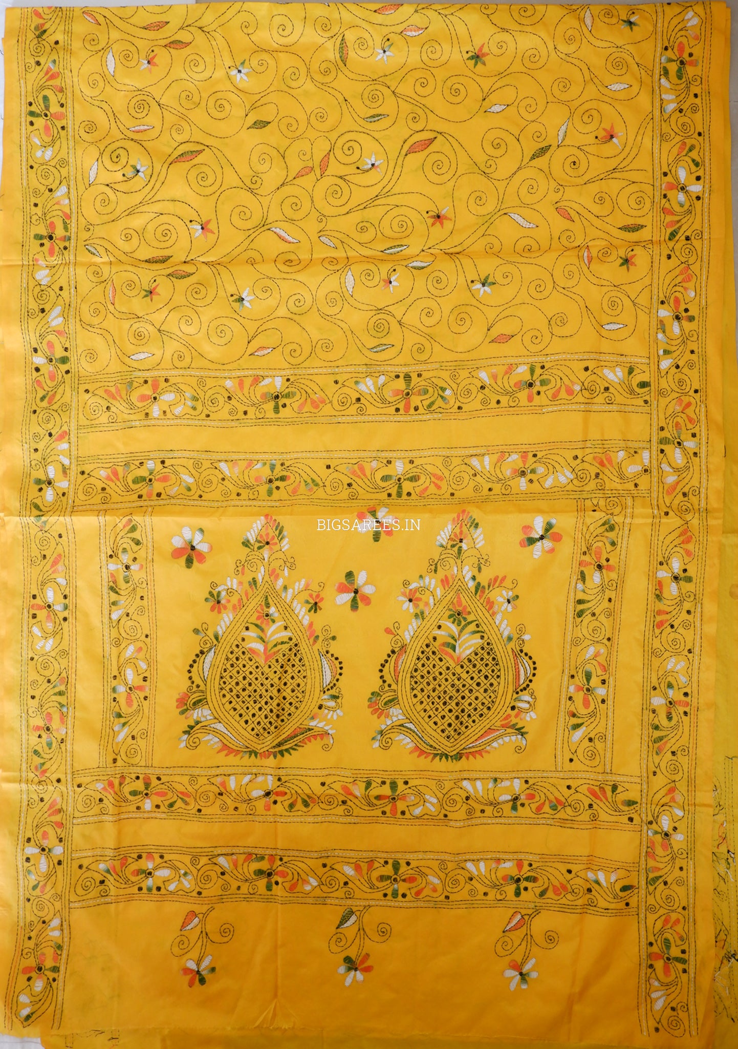Kantha-Stitch Hand Embroidered Saree | Blended Bangalore Silk / Art Silk | Yellow