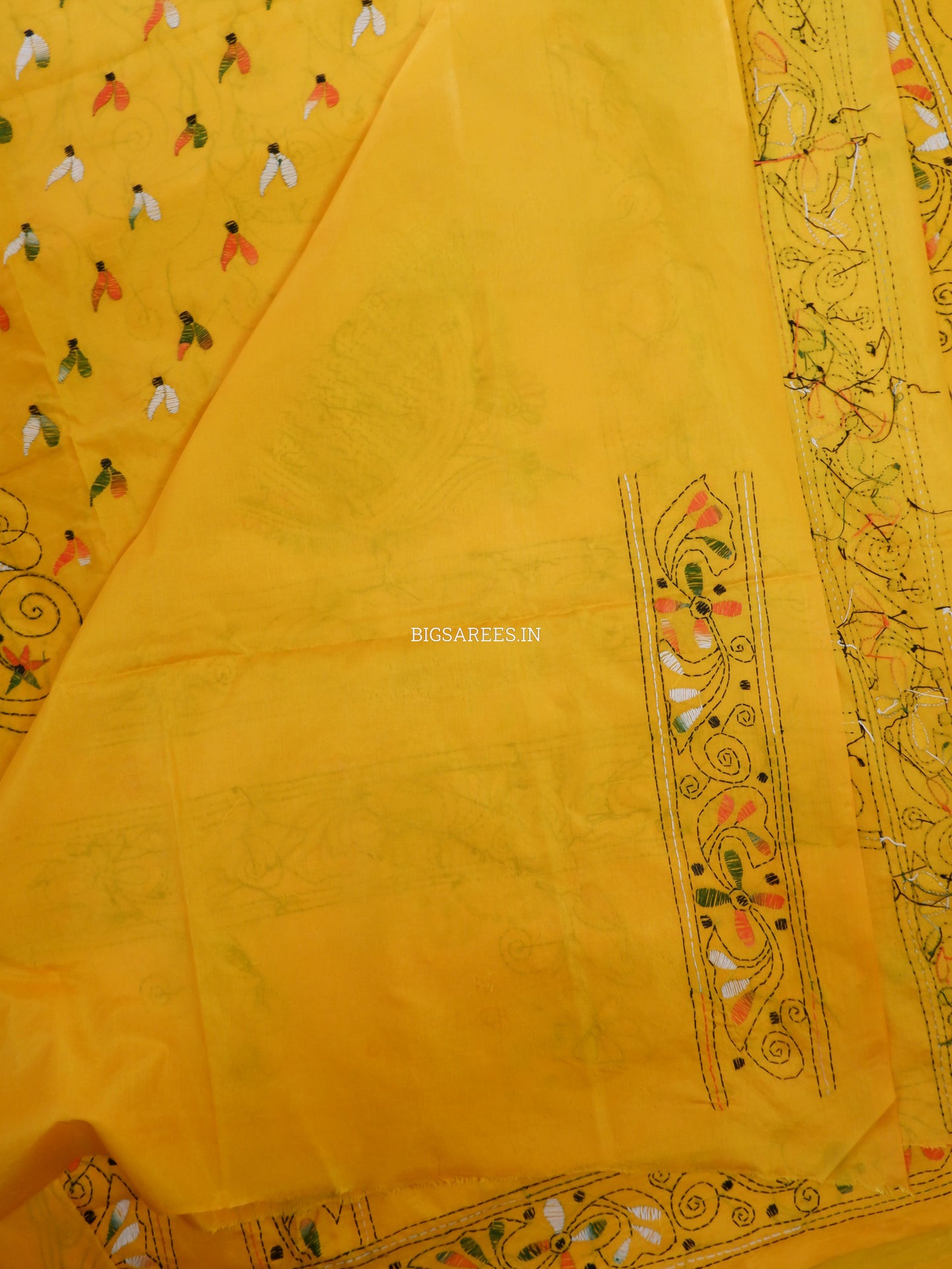 Kantha-Stitch Hand Embroidered Saree | Blended Bangalore Silk / Art Silk | Yellow