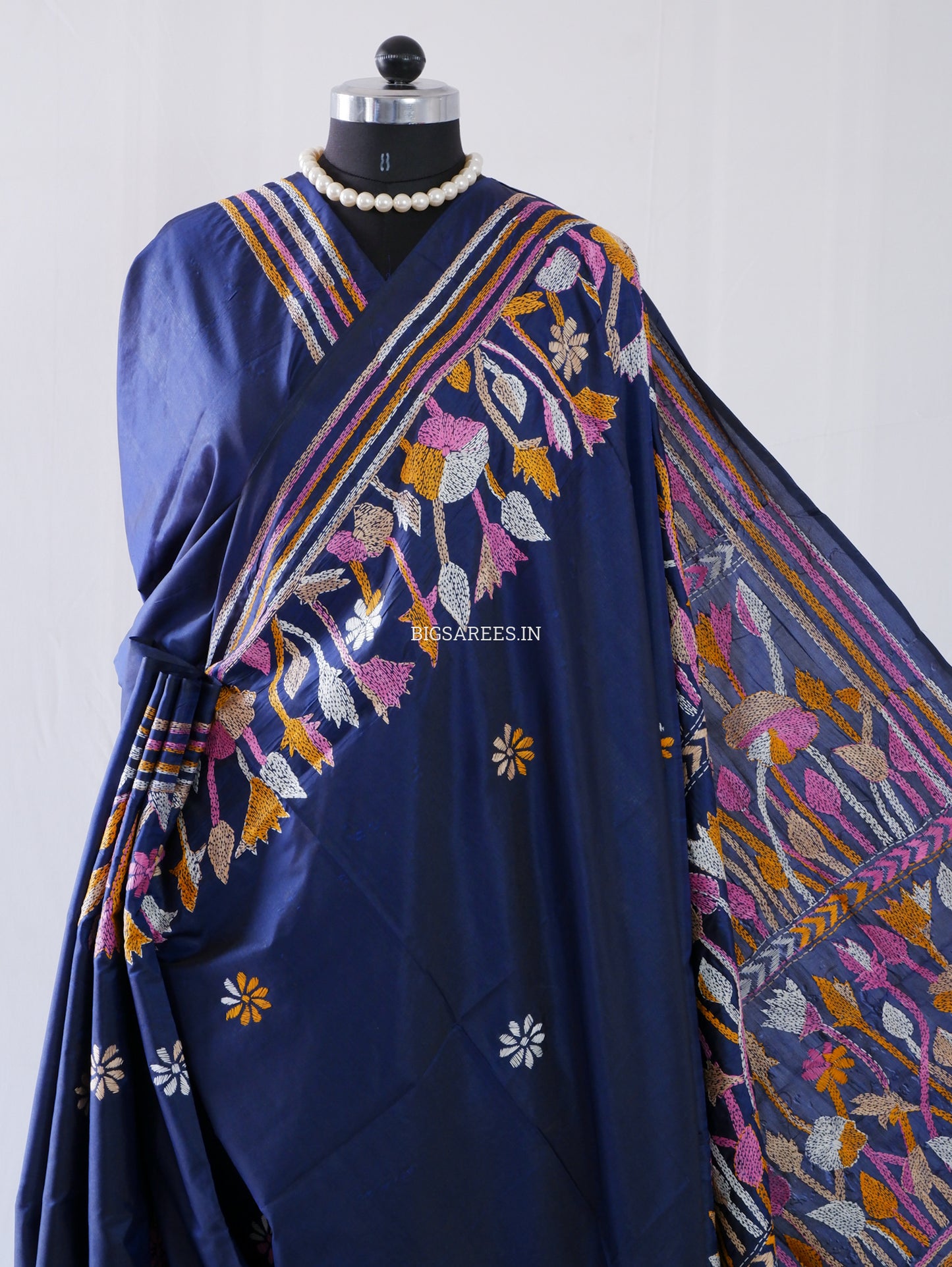 Kantha - Stitch Hand Embroidered Saree | Blended Bangalore Silk / Art Silk | Elegant Blue