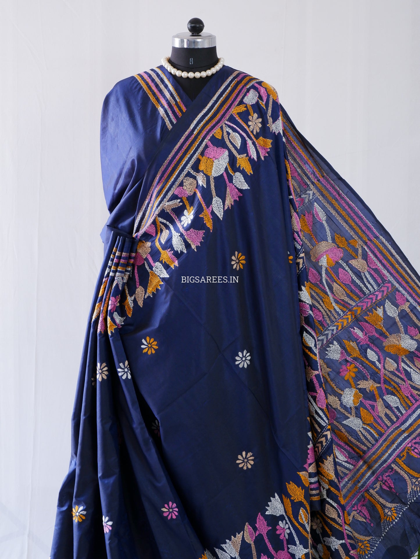 Kantha - Stitch Hand Embroidered Saree | Blended Bangalore Silk / Art Silk | Elegant Blue