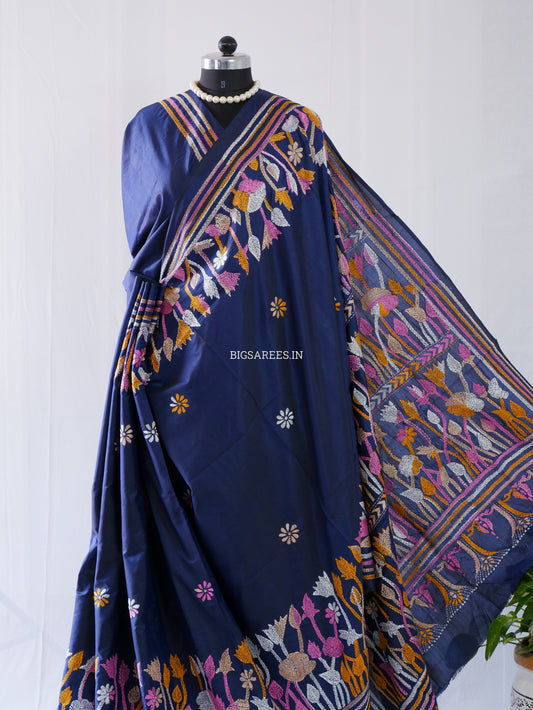 Kantha - Stitch Hand Embroidered Saree | Blended Bangalore Silk / Art Silk | Elegant Blue