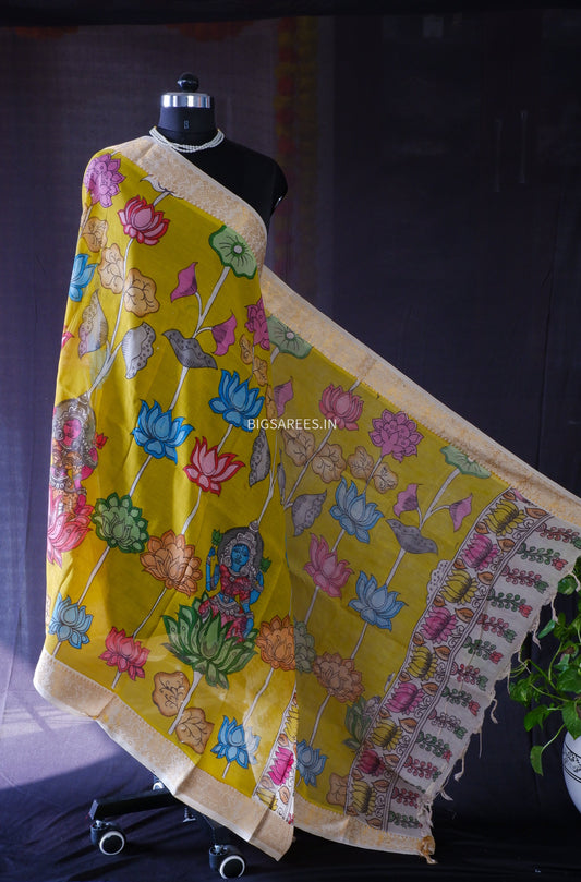 Pen Kalamkari Hand Painted Bangalore Silk Dupatta/Yellow/36"