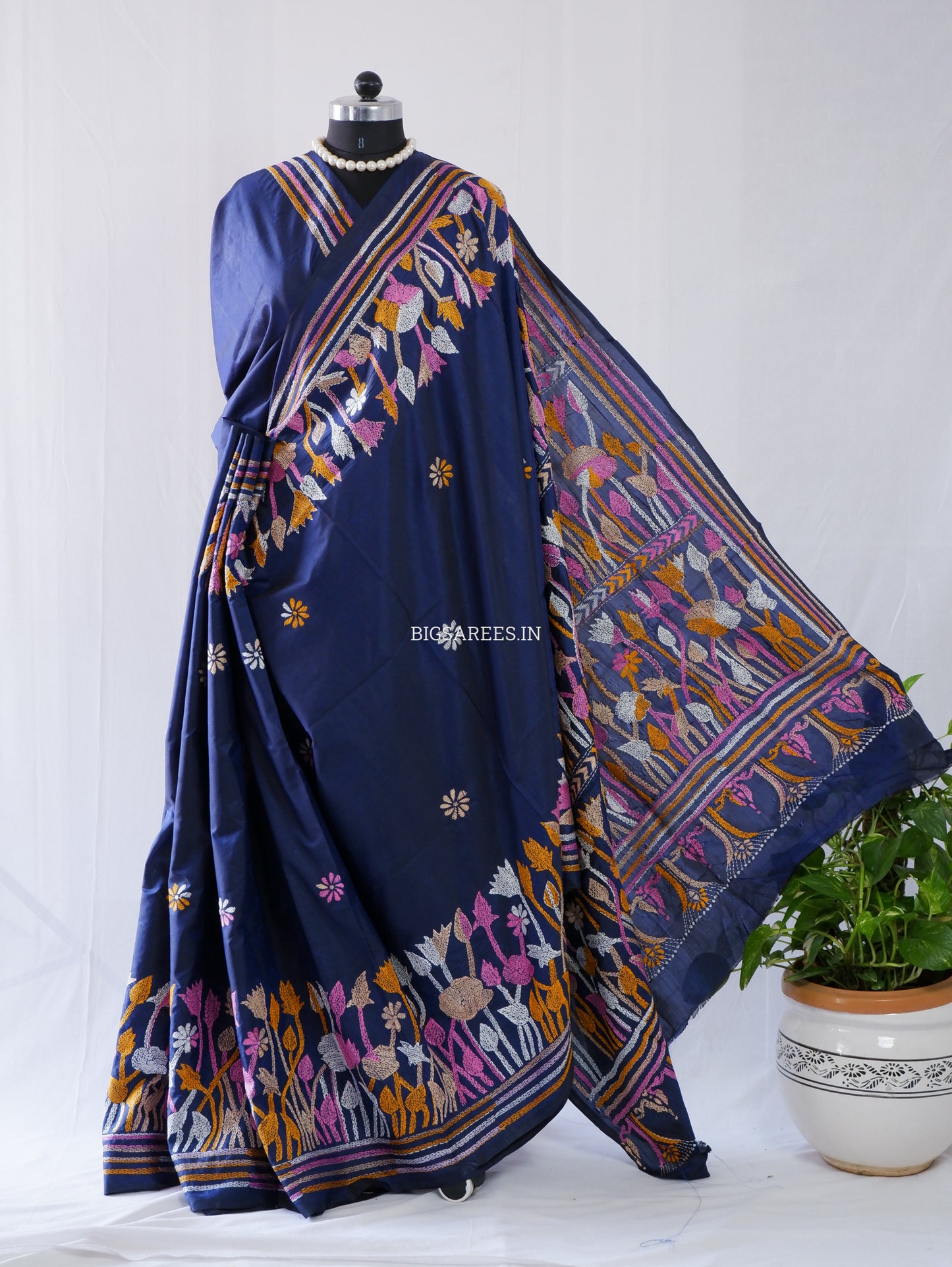 Kantha - Stitch Hand Embroidered Saree | Blended Bangalore Silk / Art Silk | Elegant Blue