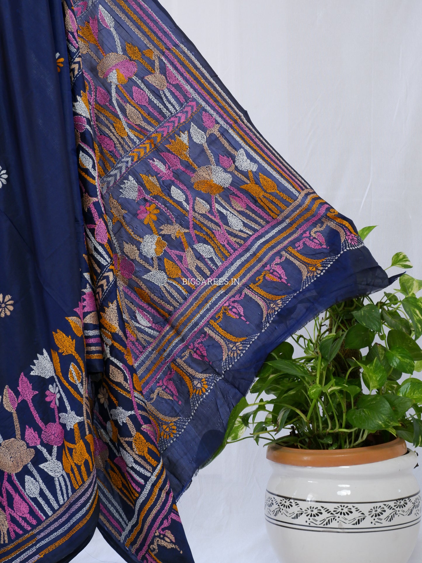 Kantha - Stitch Hand Embroidered Saree | Blended Bangalore Silk / Art Silk | Elegant Blue