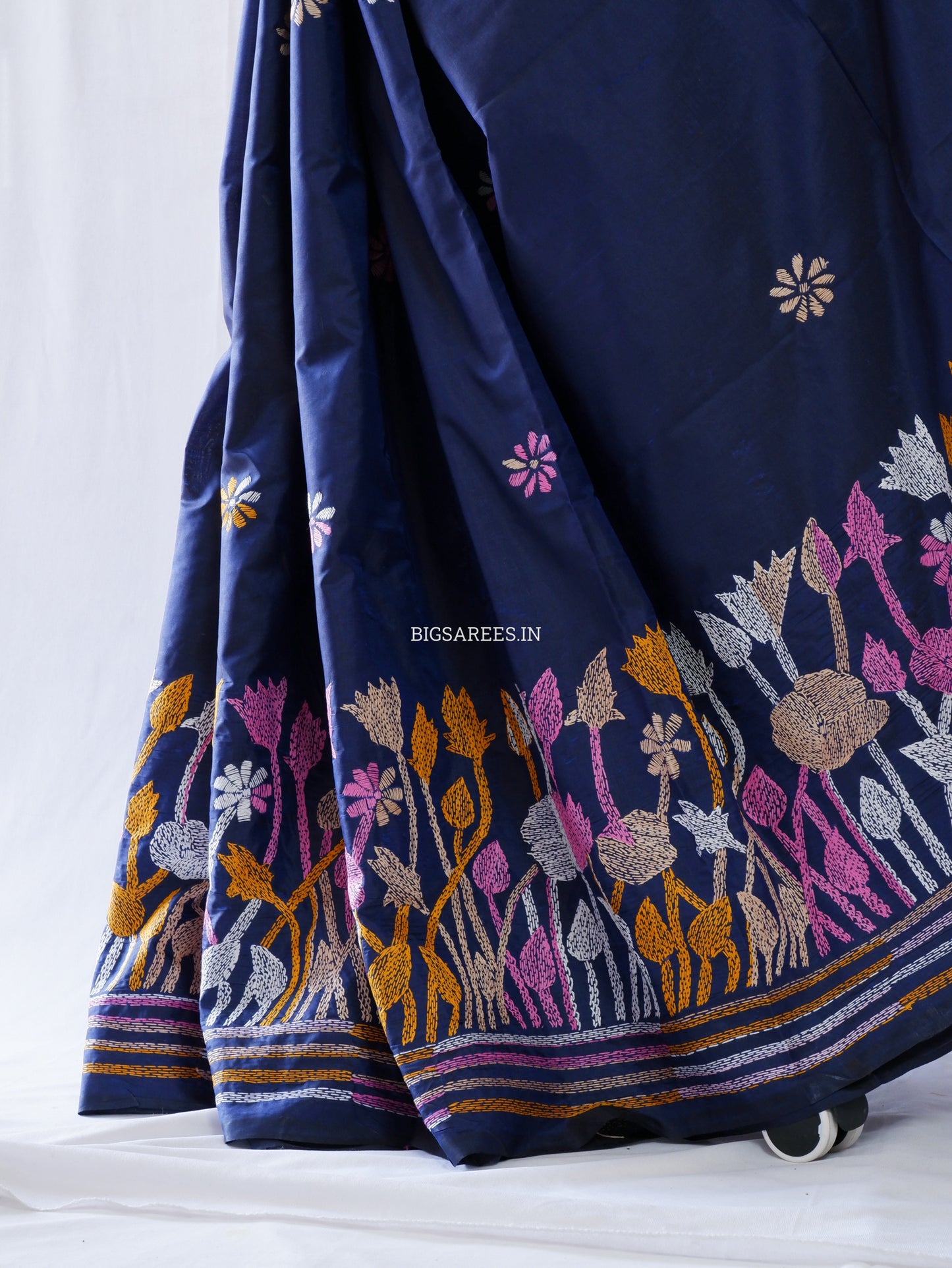 Kantha - Stitch Hand Embroidered Saree | Blended Bangalore Silk / Art Silk | Elegant Blue