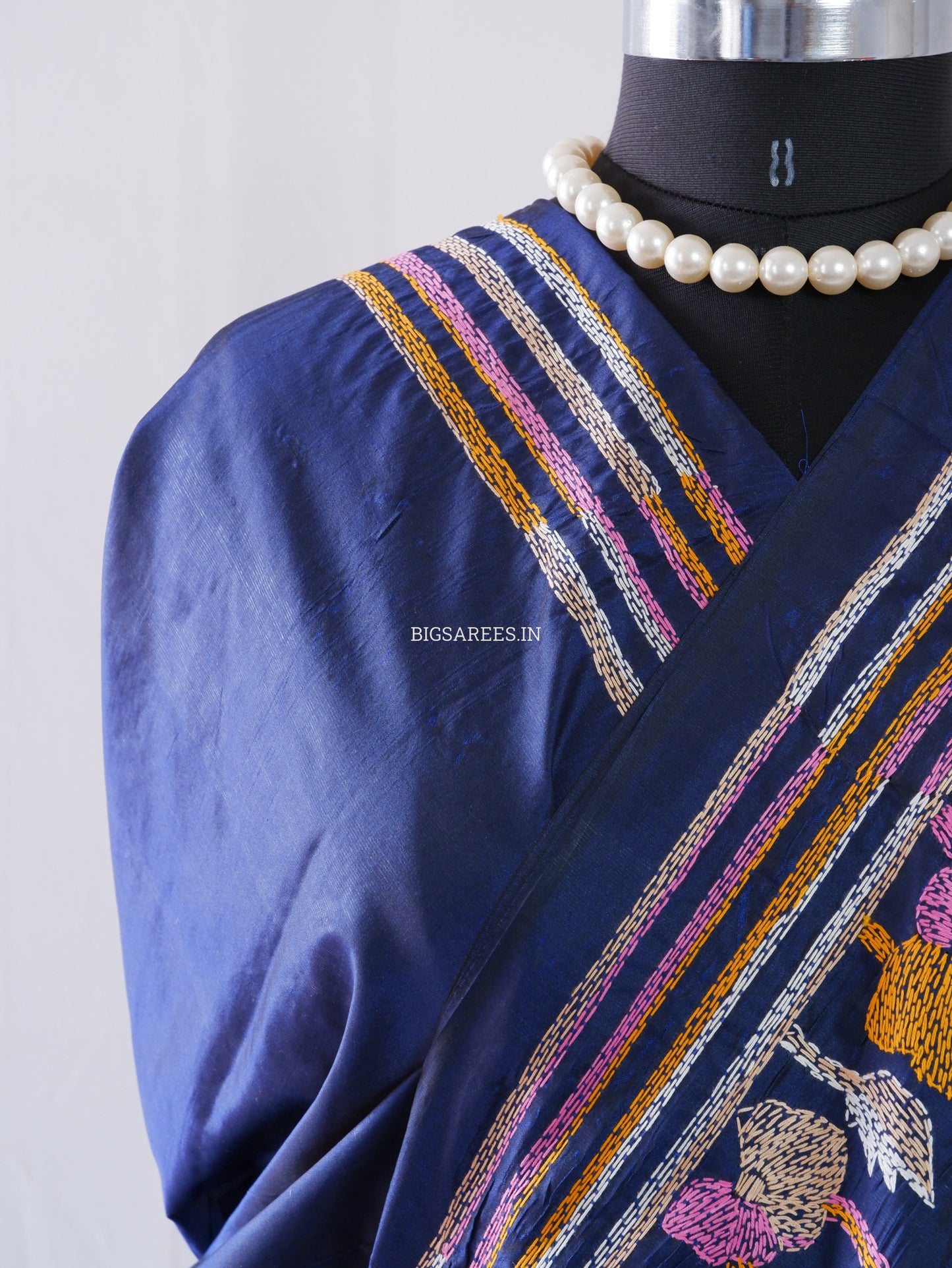 Kantha - Stitch Hand Embroidered Saree | Blended Bangalore Silk / Art Silk | Elegant Blue
