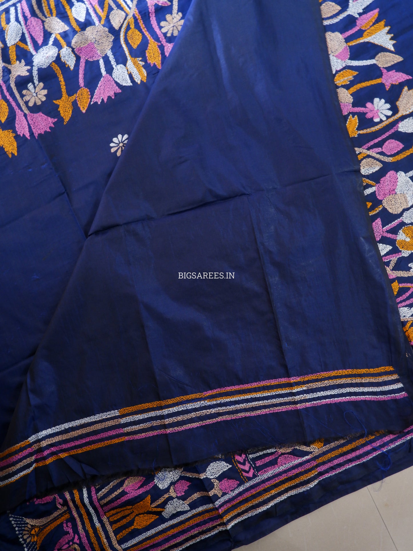 Kantha - Stitch Hand Embroidered Saree | Blended Bangalore Silk / Art Silk | Elegant Blue