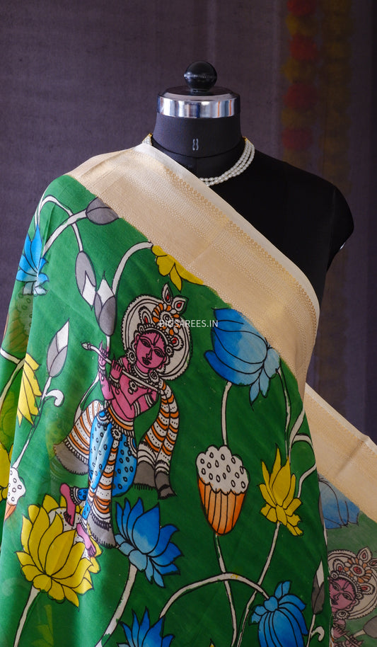 Pen Kalamkari Hand Painted Bangalore Silk Dupatta/Green/36"