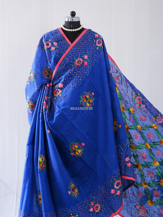 Phulkari Hand-Embroidered Saree | Chanderi Silk | Royal Blue