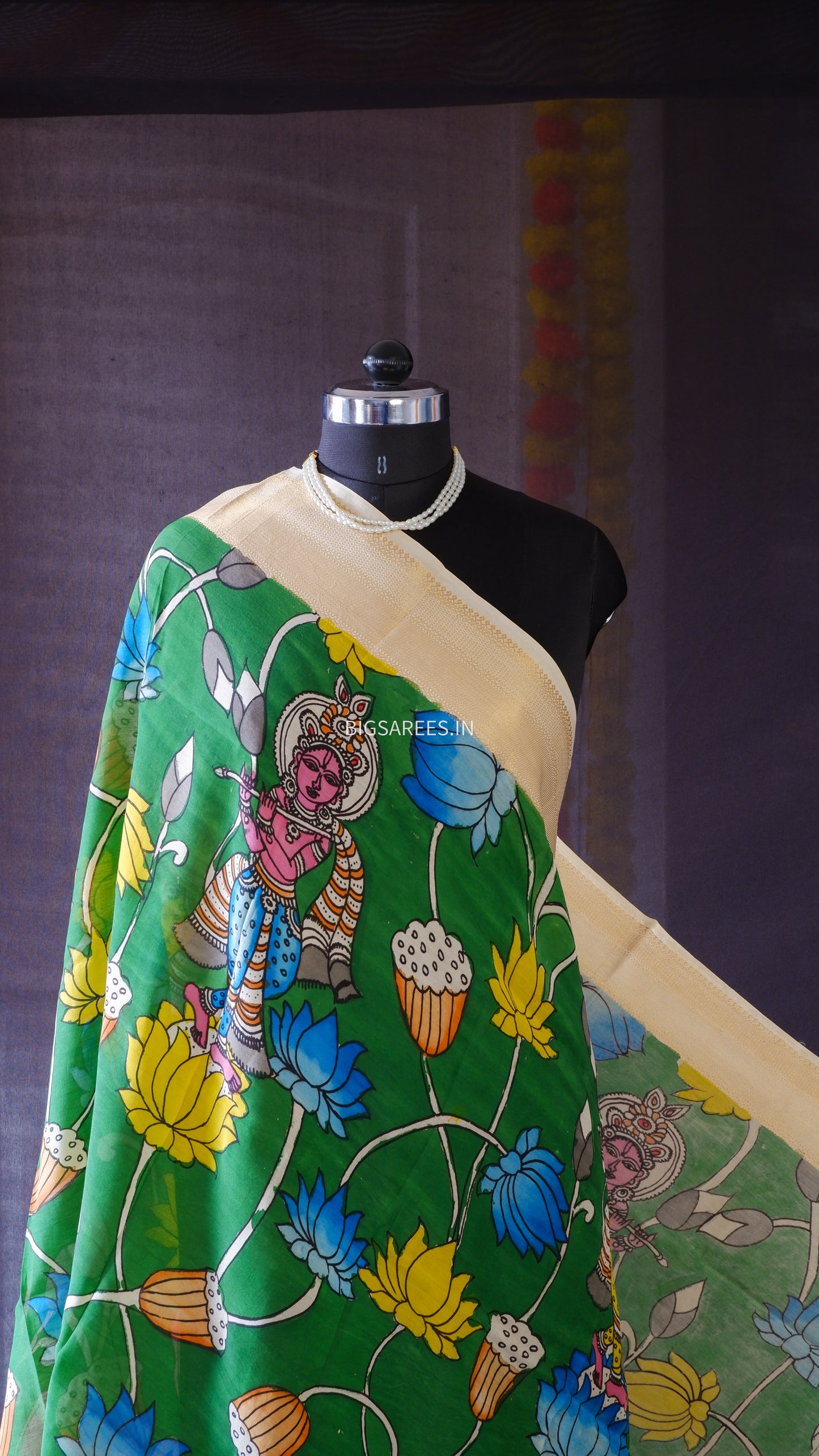 Pen Kalamkari Hand Painted Bangalore Silk Dupatta | Green | 36"