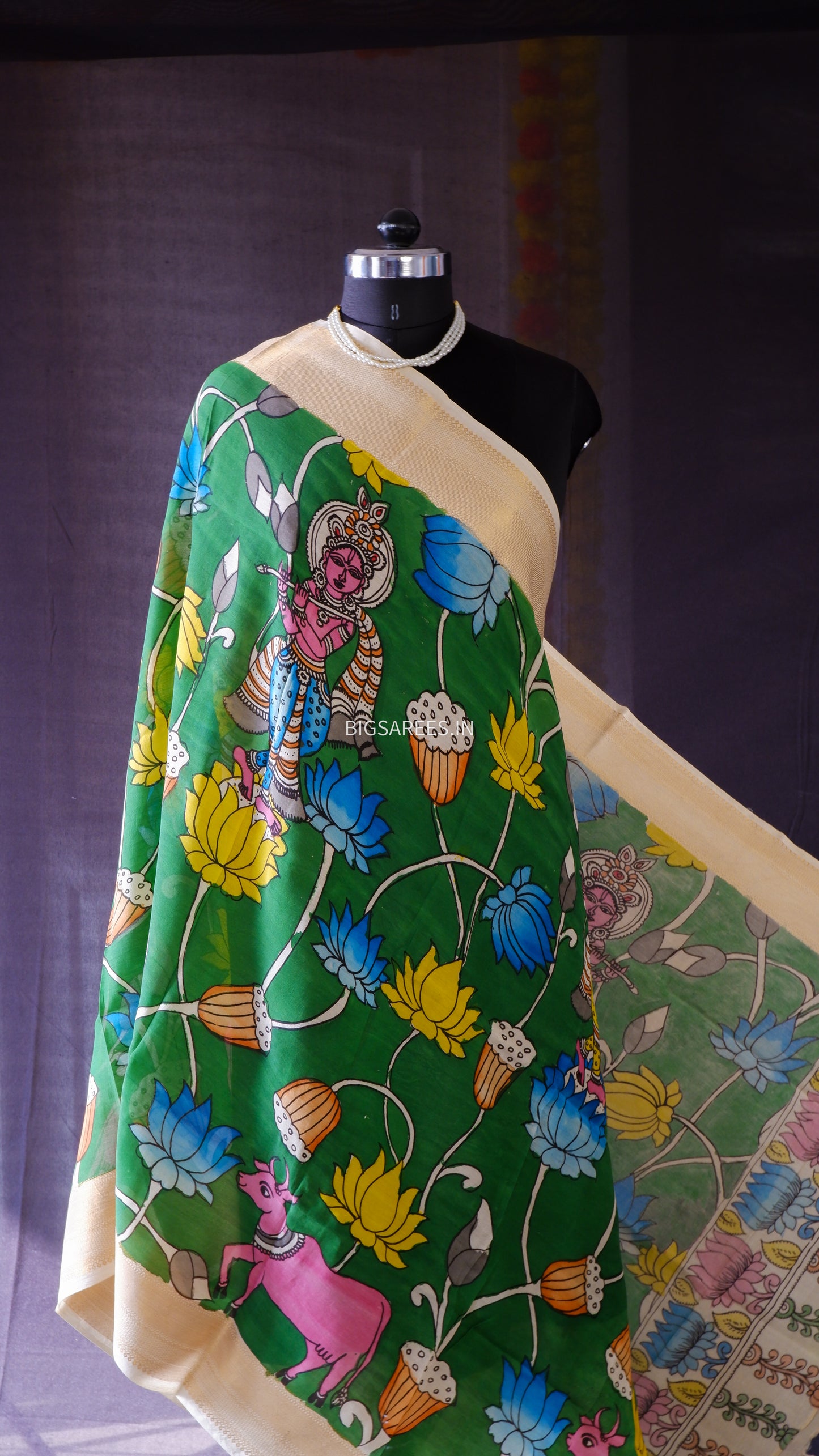 Pen Kalamkari Hand Painted Bangalore Silk Dupatta | Green | 36"