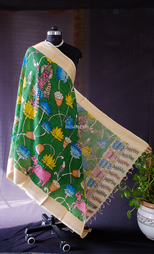Pen Kalamkari Hand Painted Bangalore Silk Dupatta/Green/36"