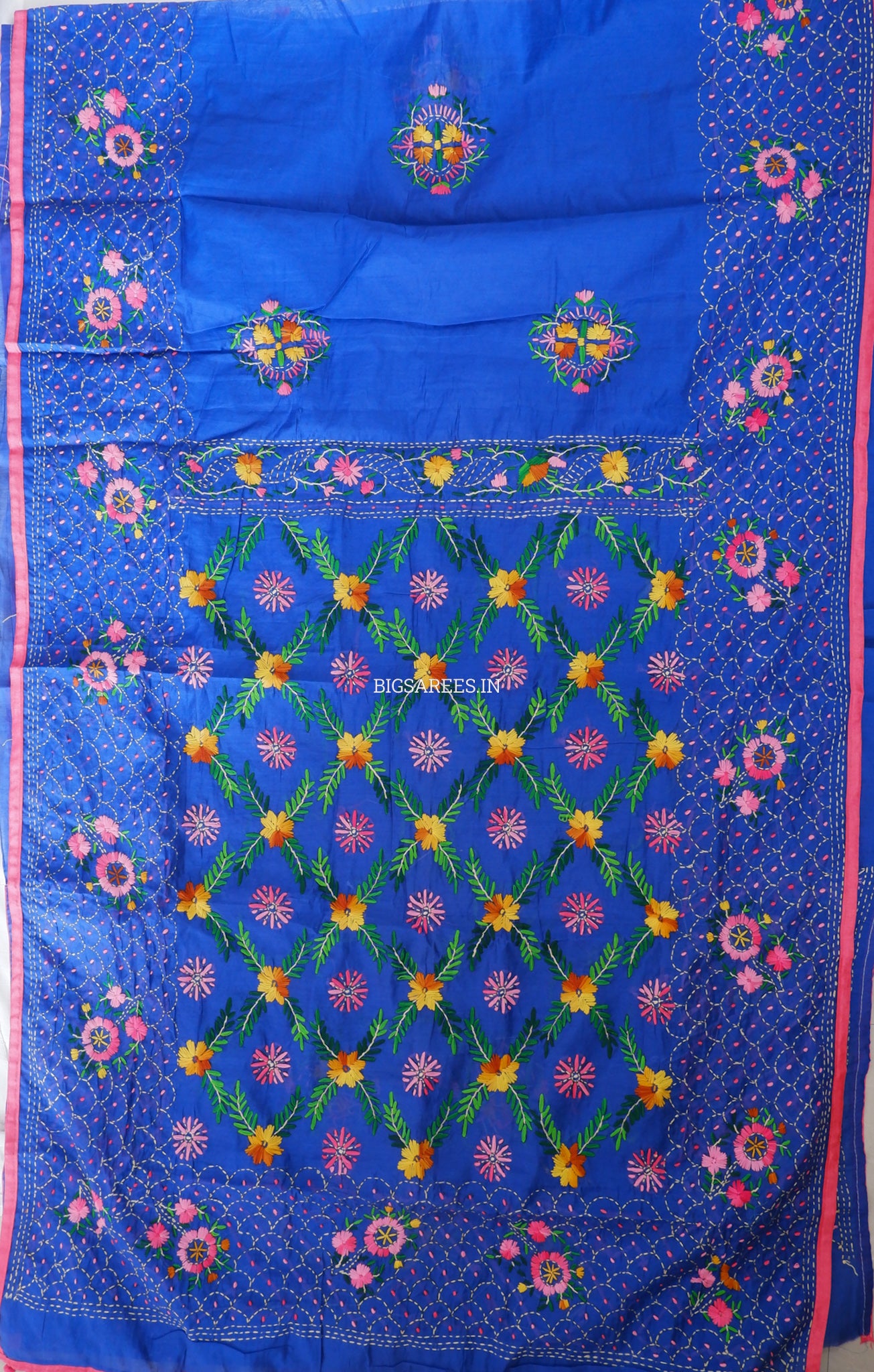 Phulkari Hand-Embroidered Saree | Chanderi Silk | Royal Blue