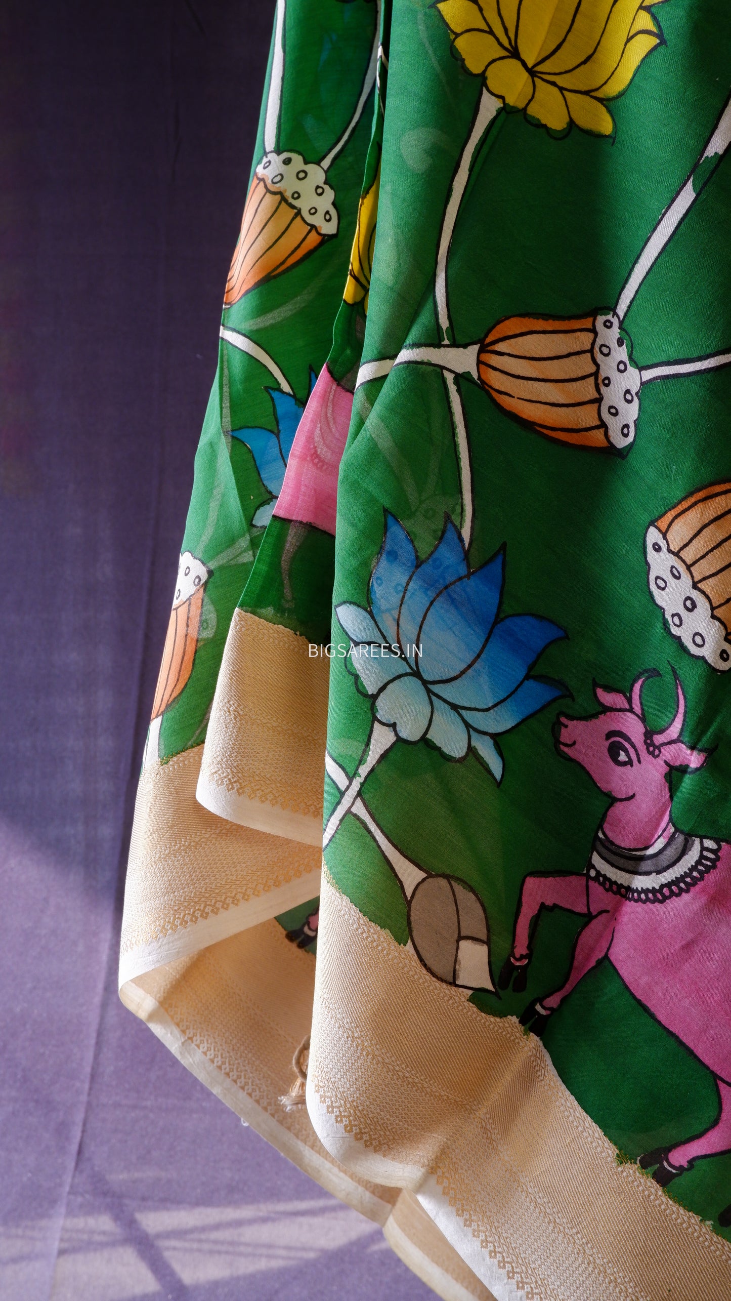 Pen Kalamkari Hand Painted Bangalore Silk Dupatta | Green | 36"