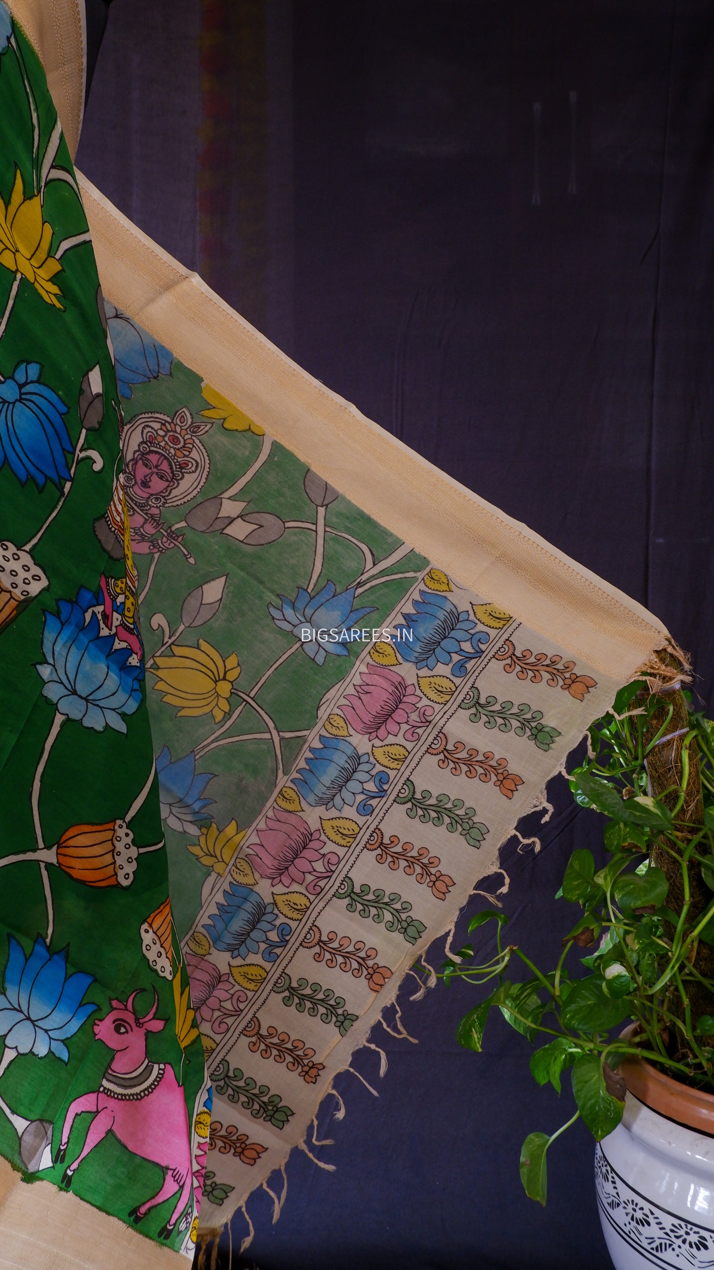 Pen Kalamkari Hand Painted Bangalore Silk Dupatta | Green | 36"