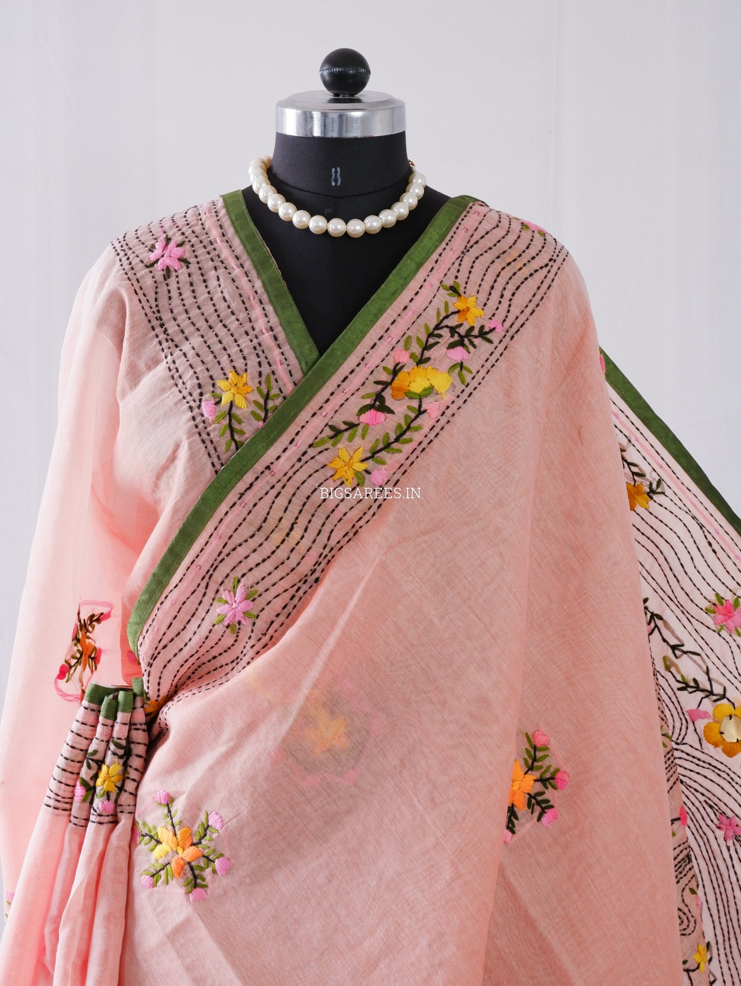 Phulkari Hand-Embroidered Saree | Chanderi Silk | Pastel Pink