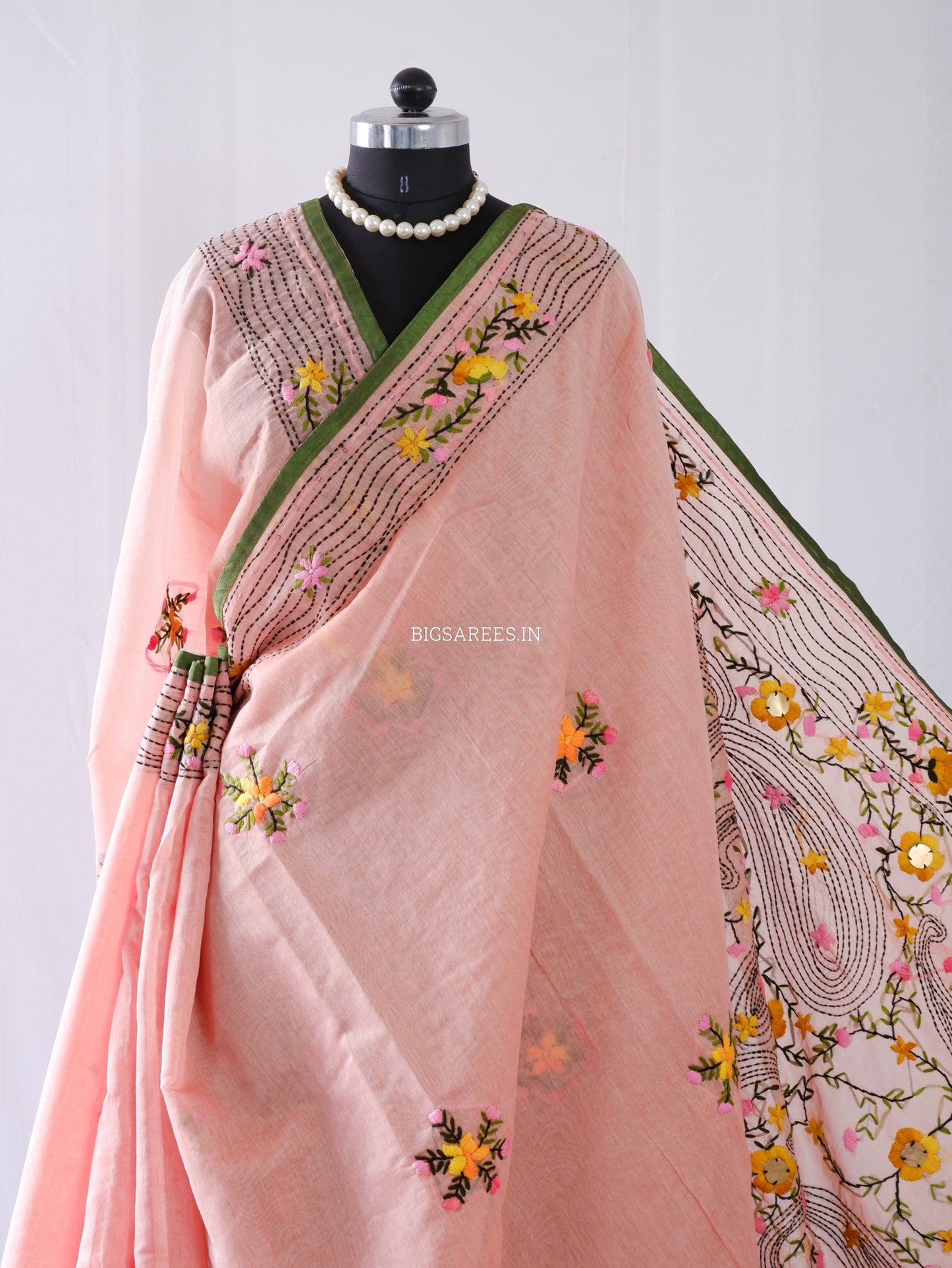 Phulkari Hand-Embroidered Saree | Chanderi Silk | Pastel Pink