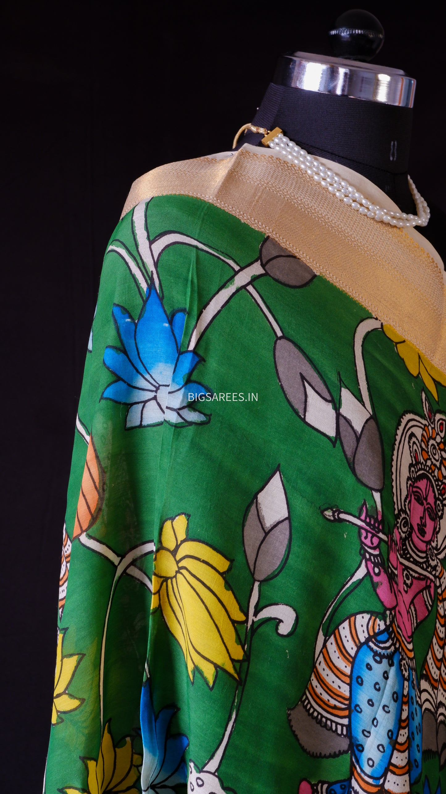 Pen Kalamkari Hand Painted Bangalore Silk Dupatta | Green | 36"