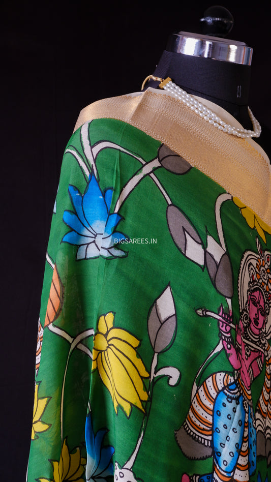 Pen Kalamkari Hand Painted Bangalore Silk Dupatta/Green/36"