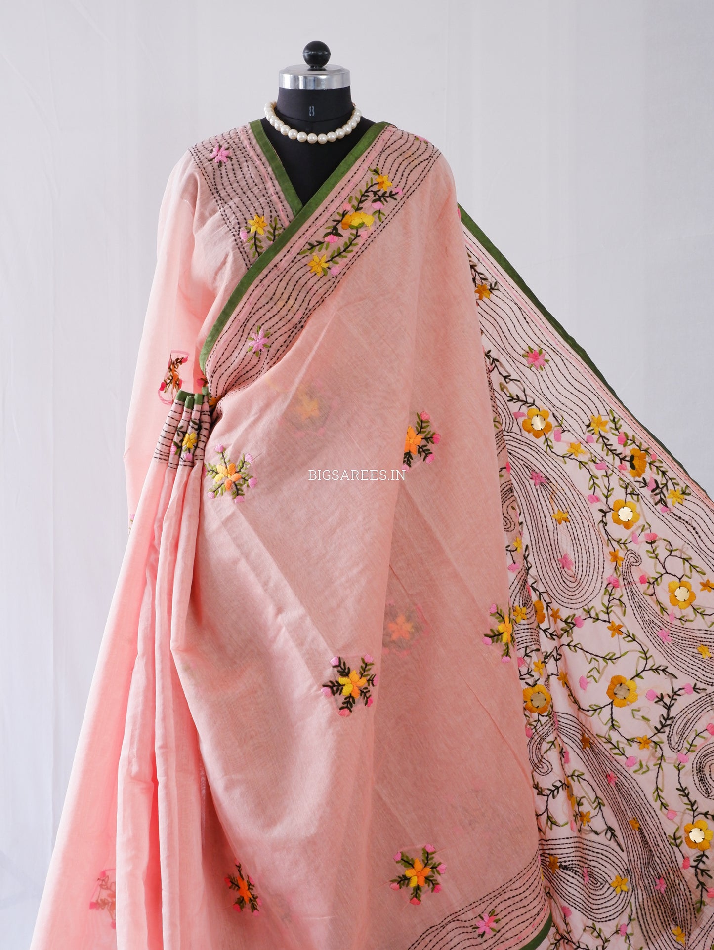 Phulkari Hand-Embroidered Saree | Chanderi Silk | Pastel Pink