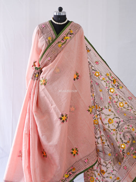 Phulkari Hand-Embroidered Saree | Chanderi Silk | Pastel Pink