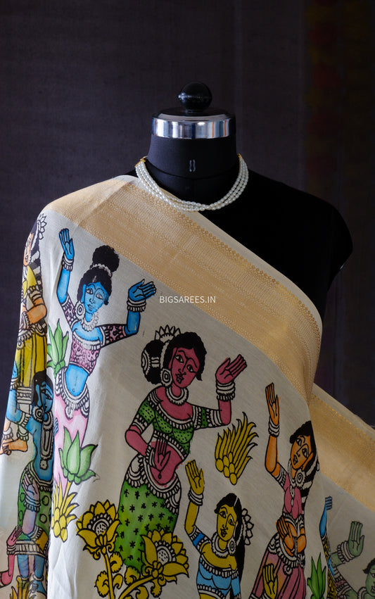 Pen Kalamkari Hand Painted Bangalore Silk Dupatta/White/36"