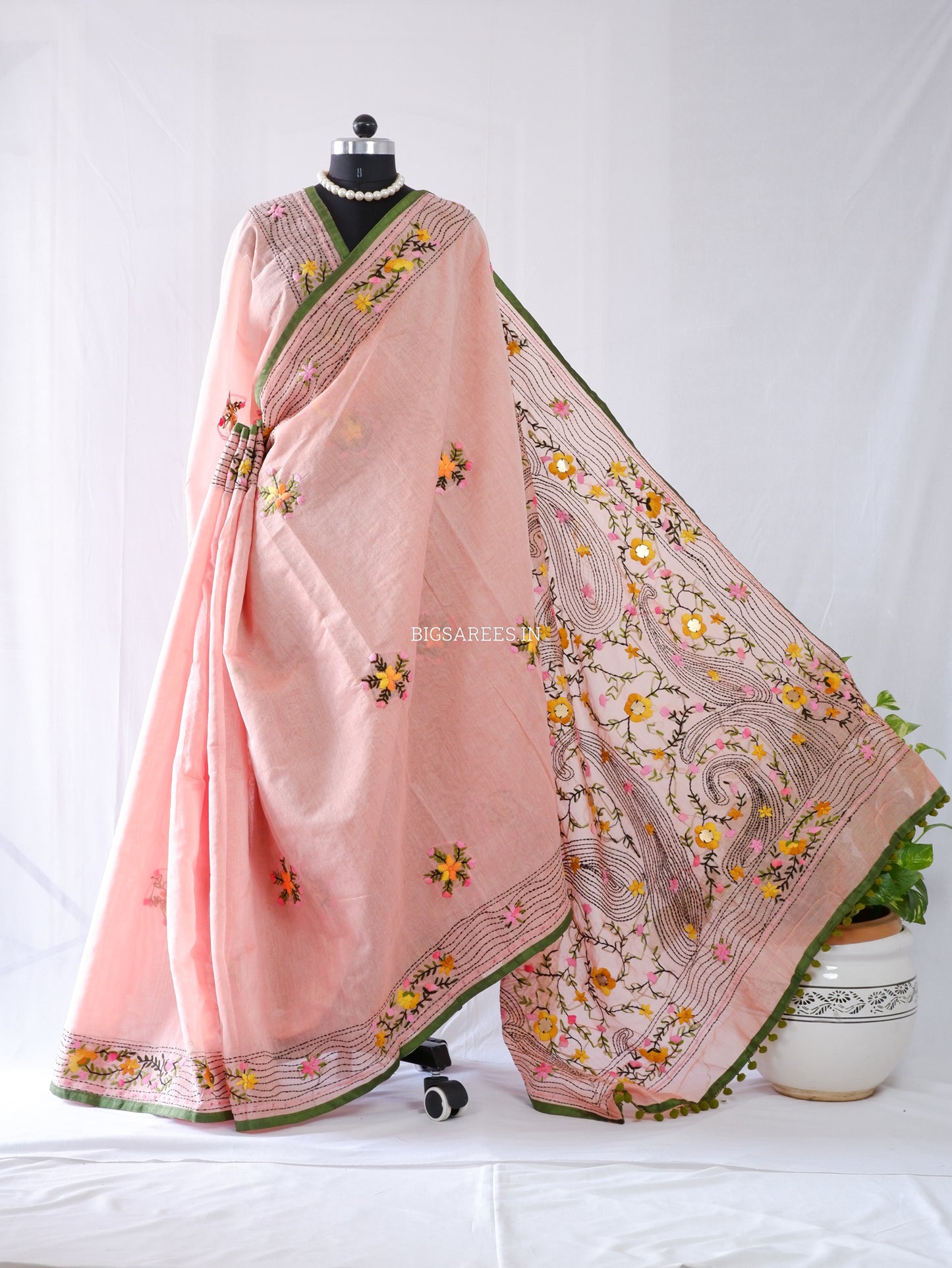 Phulkari Hand-Embroidered Saree | Chanderi Silk | Pastel Pink