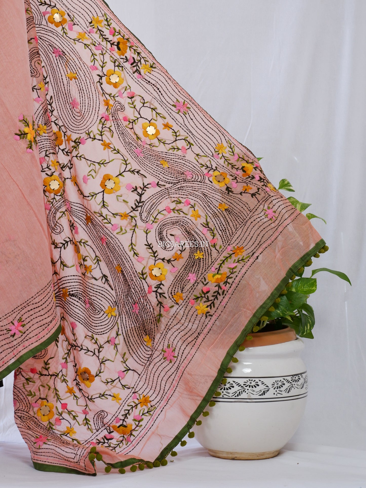 Phulkari Hand-Embroidered Saree | Chanderi Silk | Pastel Pink