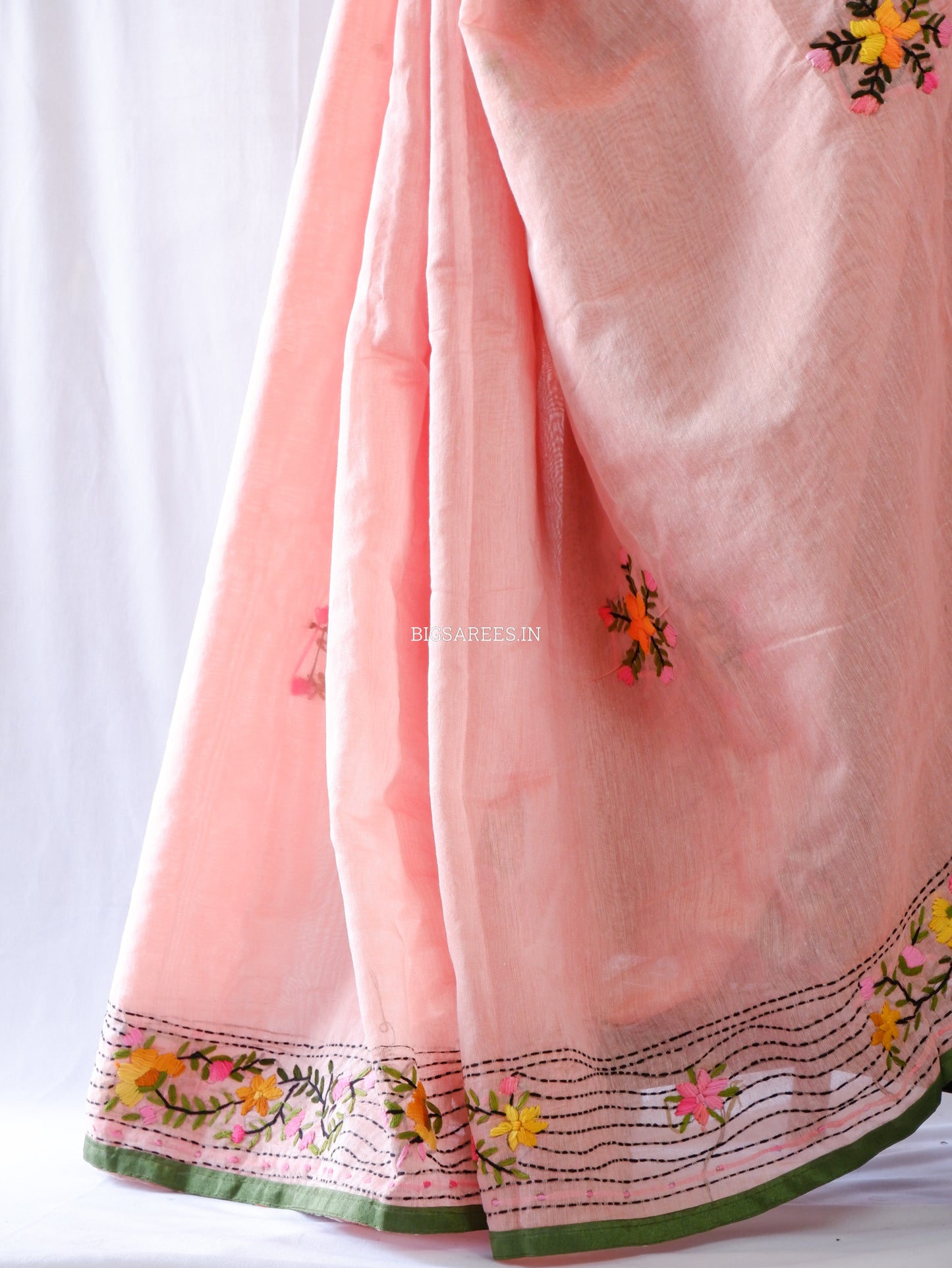 Phulkari Hand-Embroidered Saree | Chanderi Silk | Pastel Pink