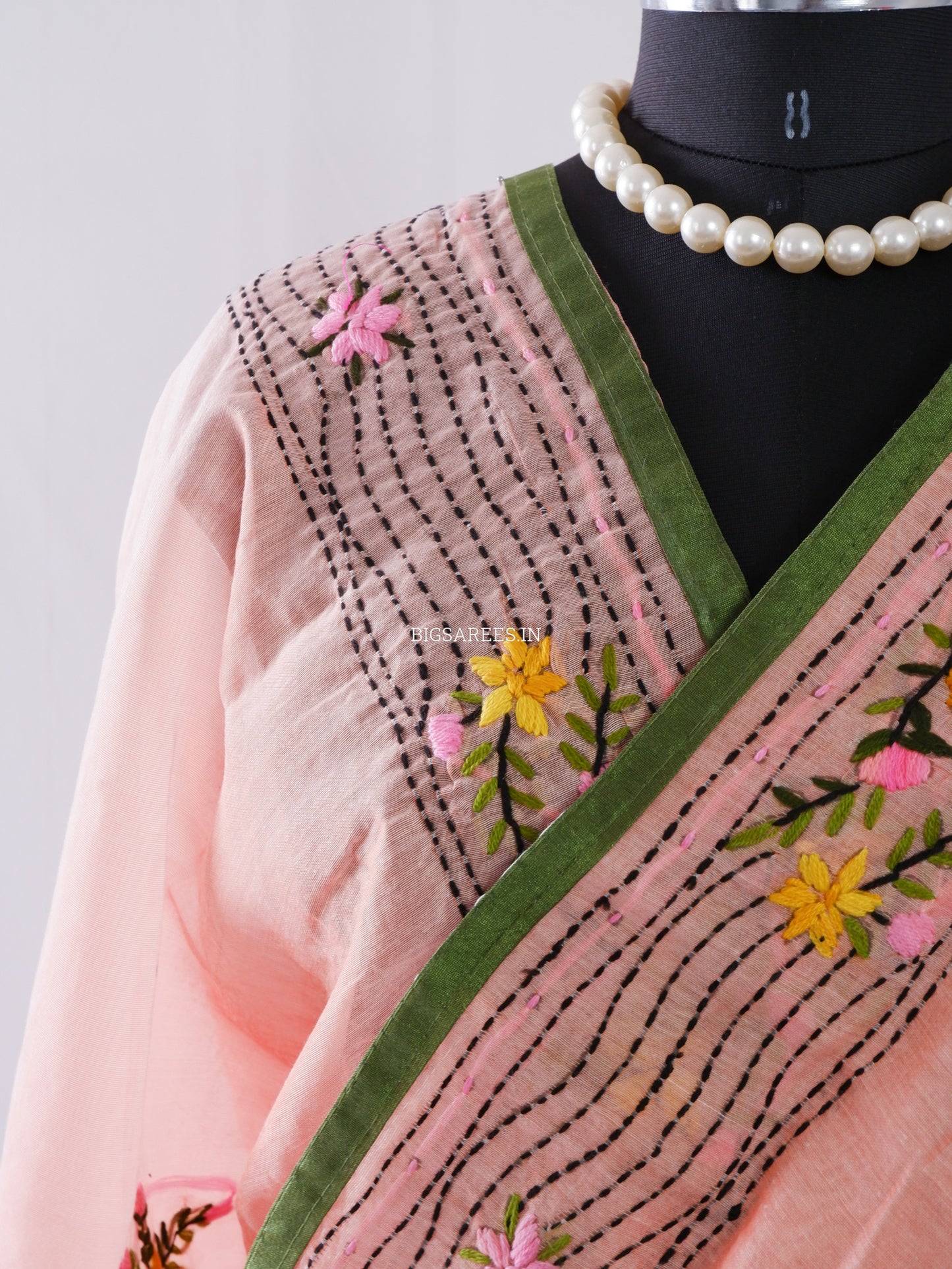 Phulkari Hand-Embroidered Saree | Chanderi Silk | Pastel Pink