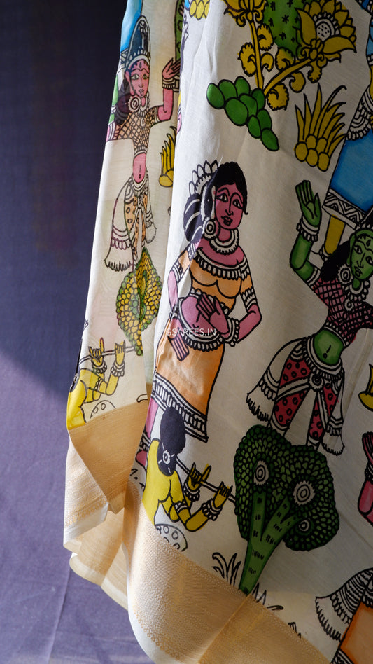 Pen Kalamkari Hand Painted Bangalore Silk Dupatta/White/36"