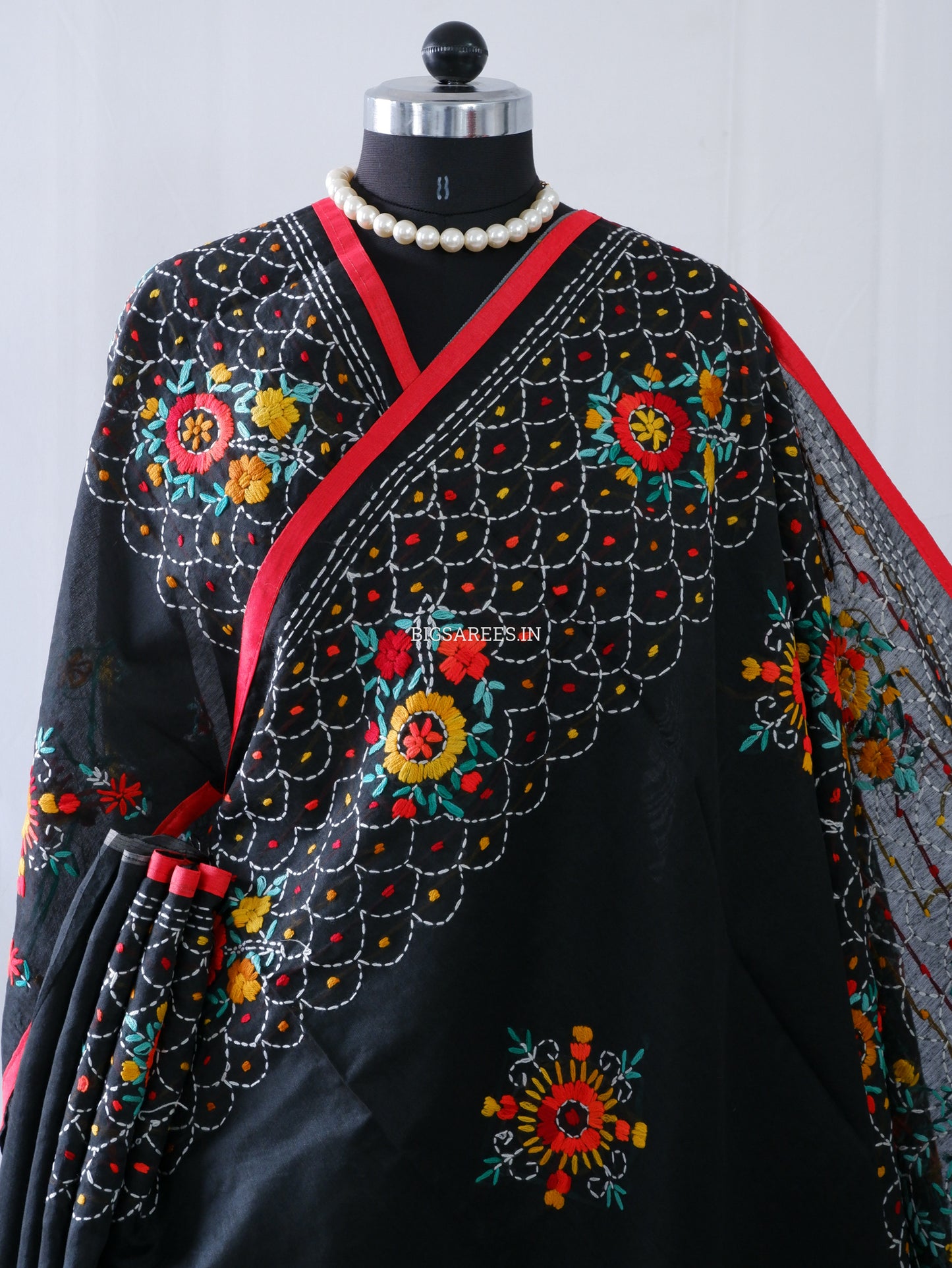 Phulkari Hand-Embroidered Saree | Chanderi Silk | Black