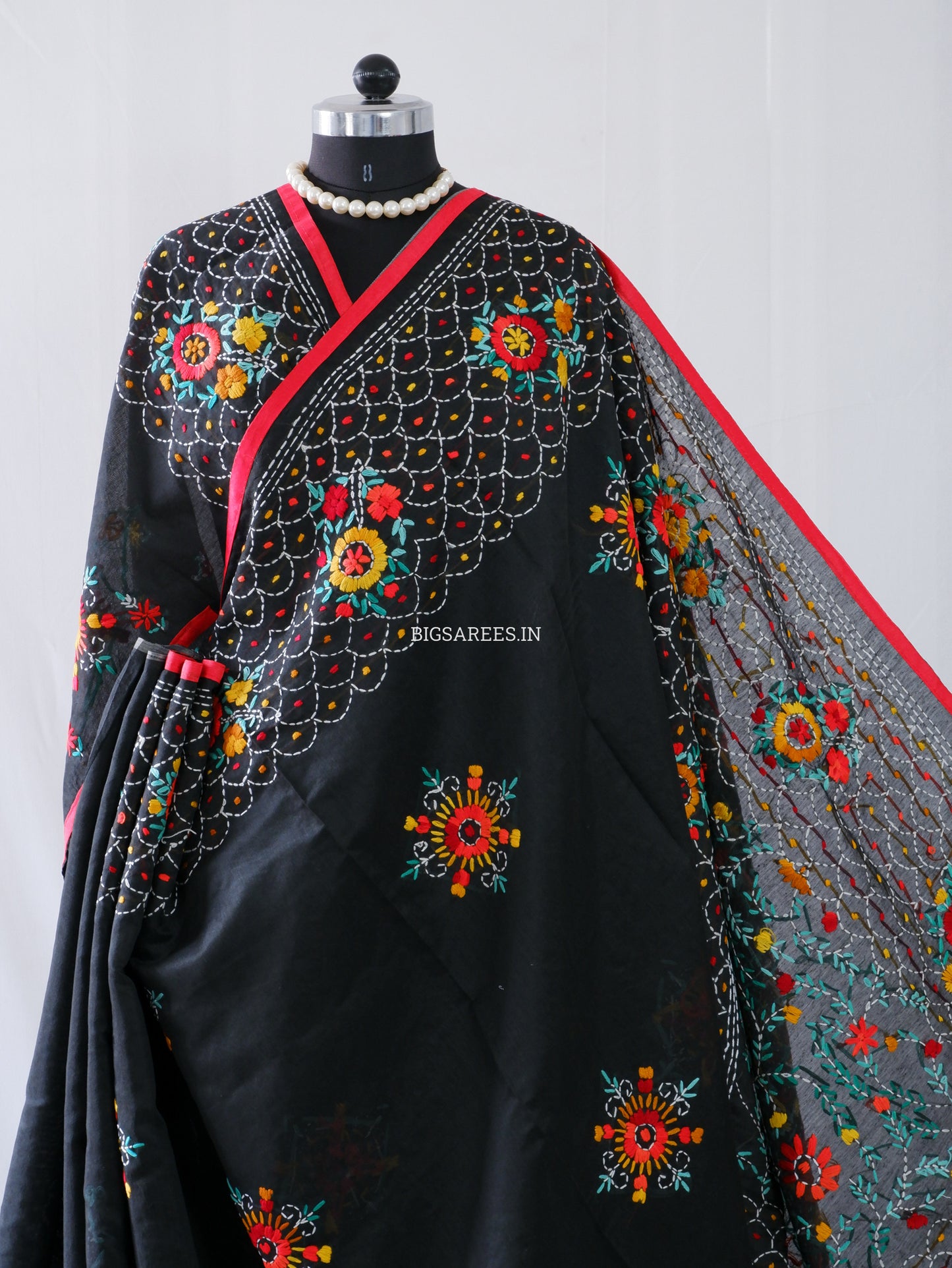 Phulkari Hand-Embroidered Saree | Chanderi Silk | Black