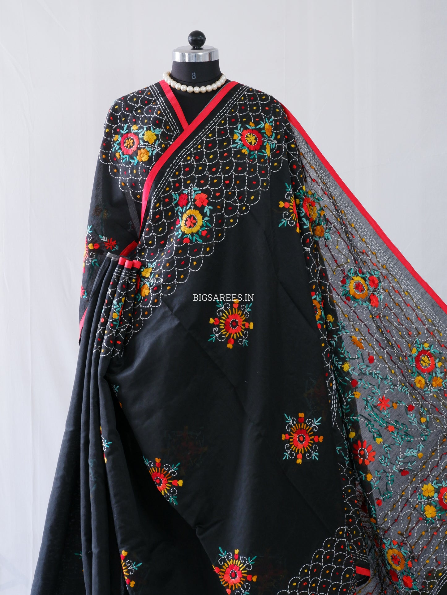 Phulkari Hand-Embroidered Saree | Chanderi Silk | Black