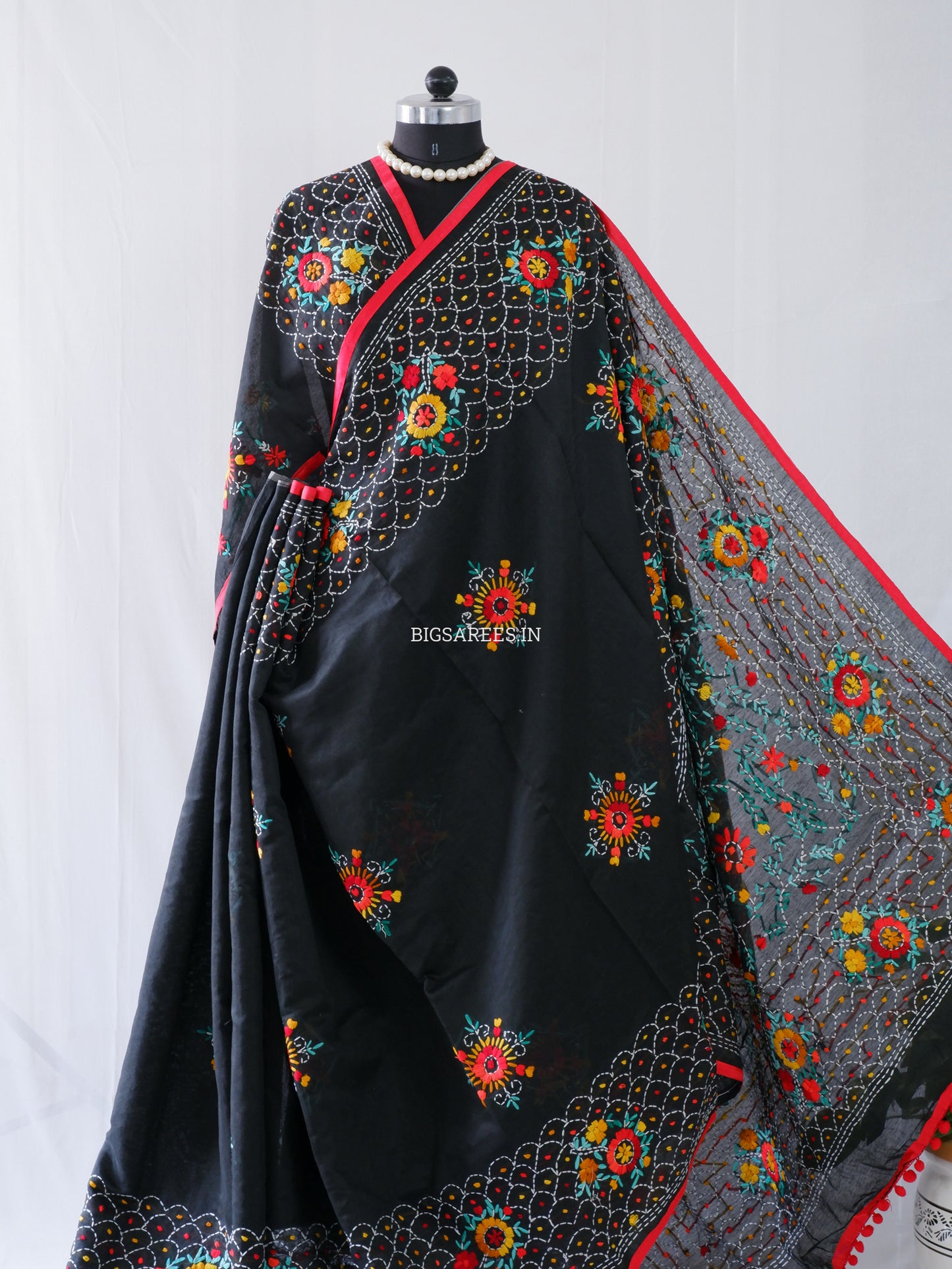 Phulkari Hand-Embroidered Saree | Chanderi Silk | Black