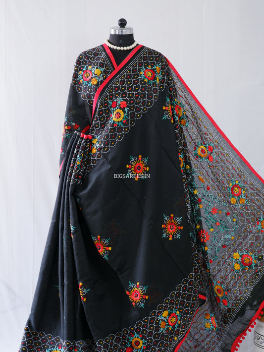 Phulkari Hand-Embroidered Saree | Chanderi Silk | Black