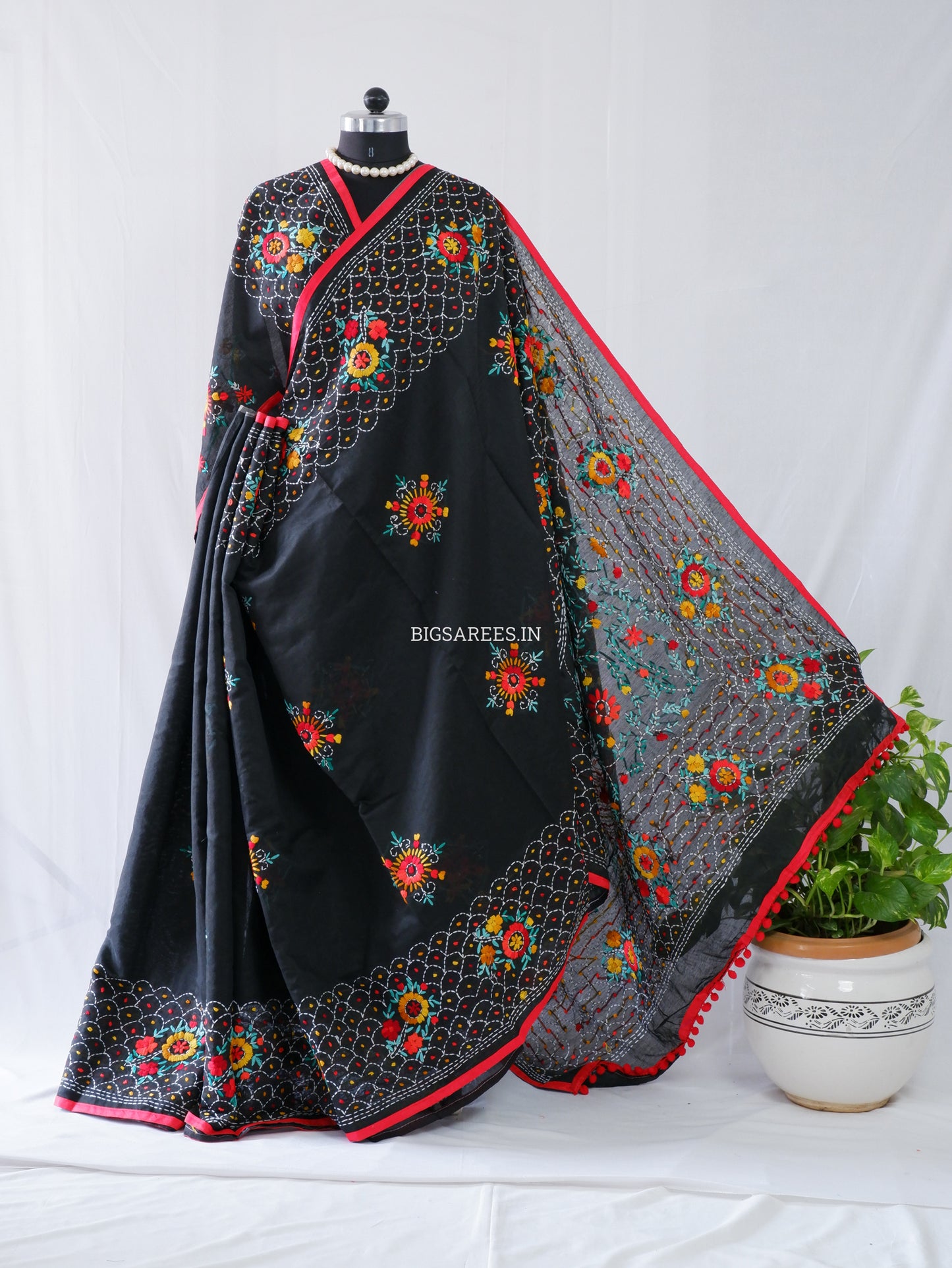 Phulkari Hand-Embroidered Saree | Chanderi Silk | Black