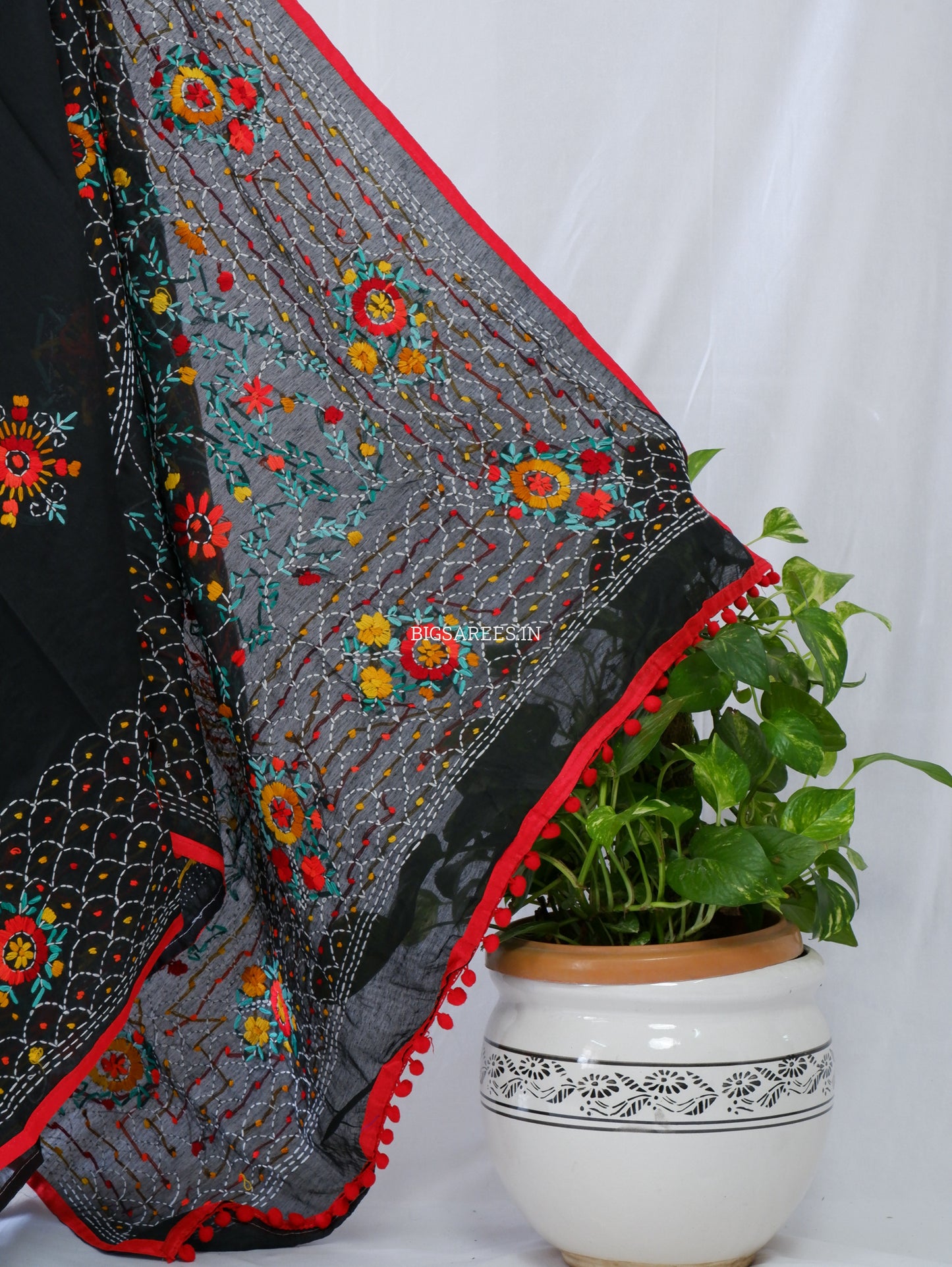 Phulkari Hand-Embroidered Saree | Chanderi Silk | Black
