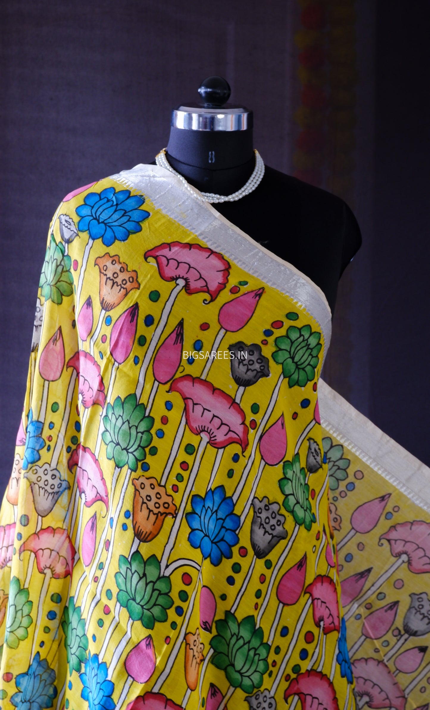 Pen Kalamkari Hand Painted Bangalore Silk Dupatta | Yellow | 36"