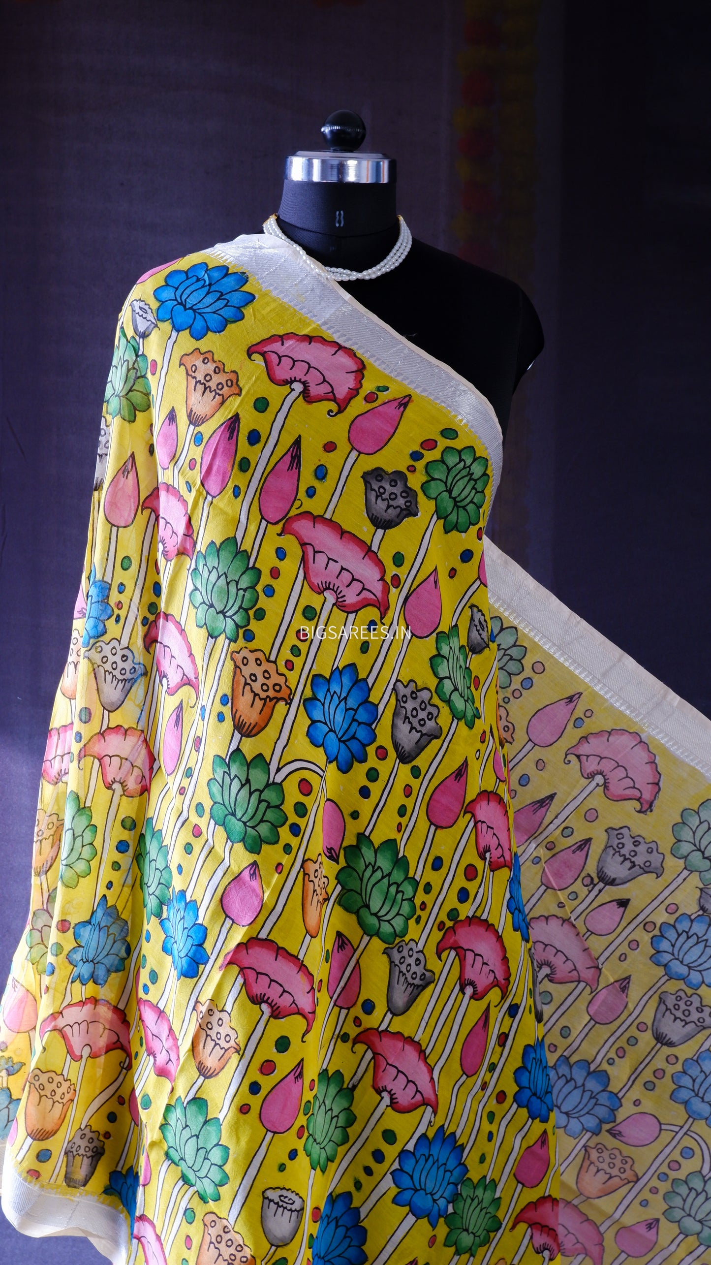 Pen Kalamkari Hand Painted Bangalore Silk Dupatta | Yellow | 36"