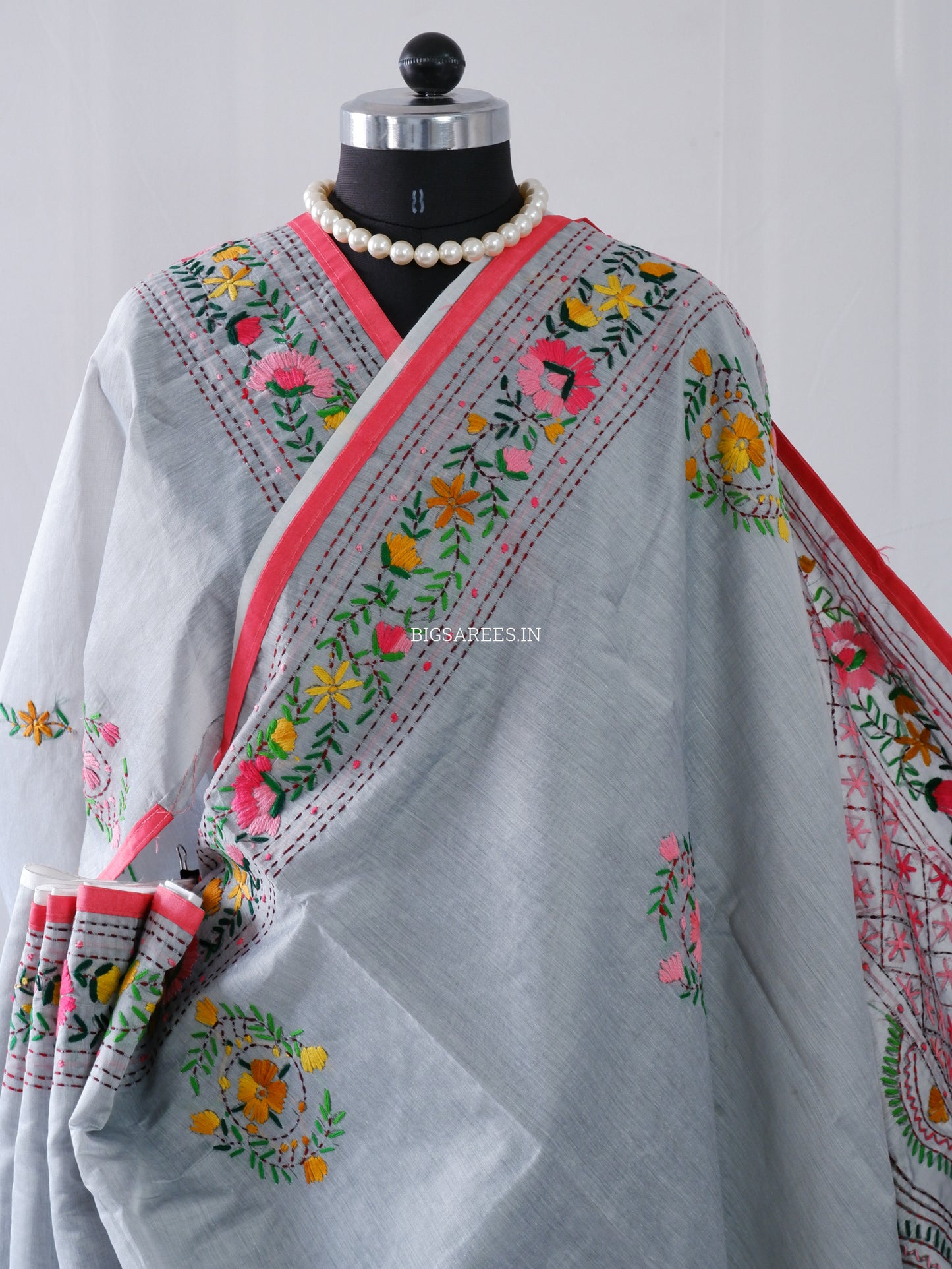 Phulkari Hand-Embroidered Saree | Chanderi Silk | Grey