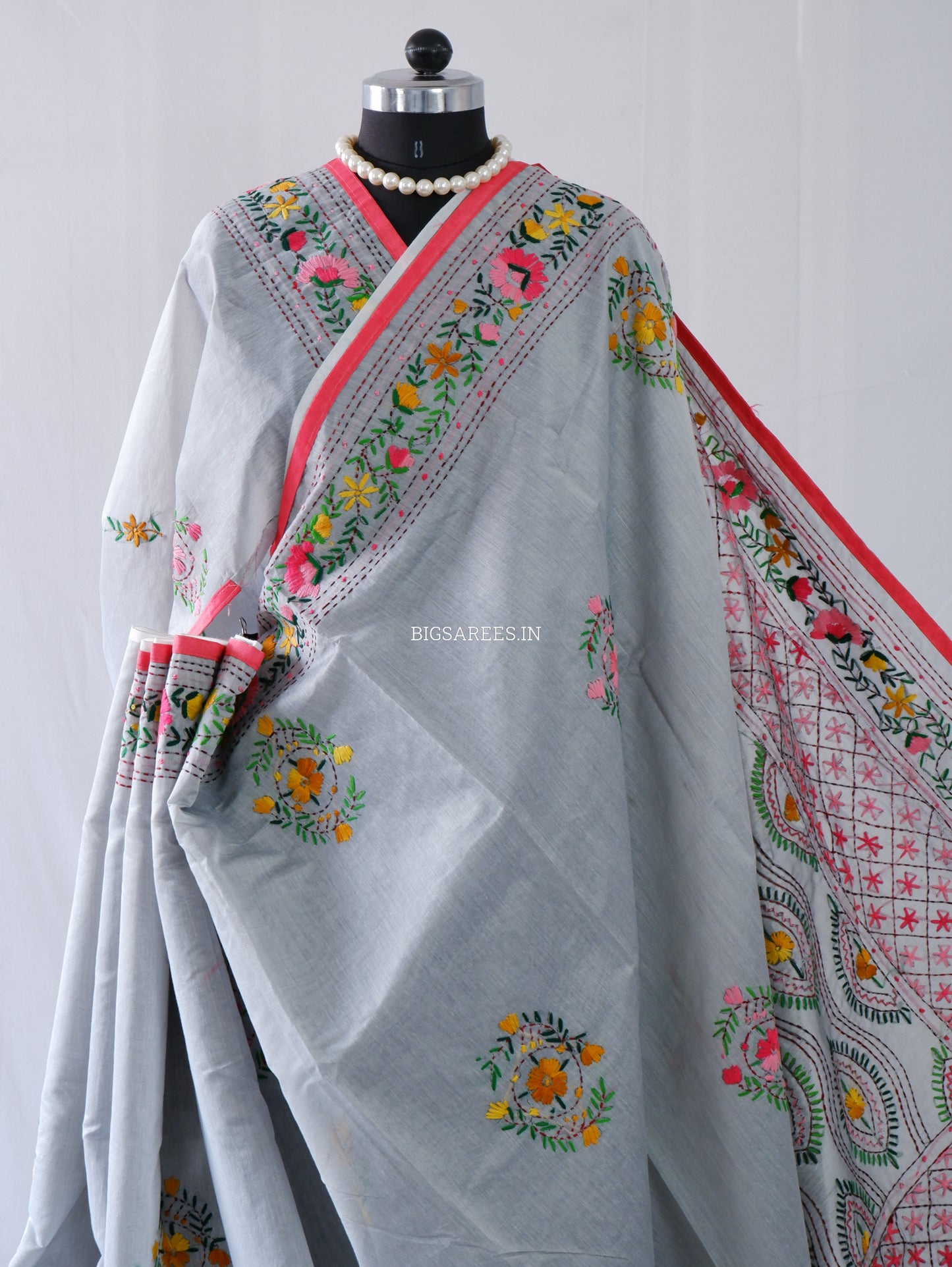 Phulkari Hand-Embroidered Saree | Chanderi Silk | Grey