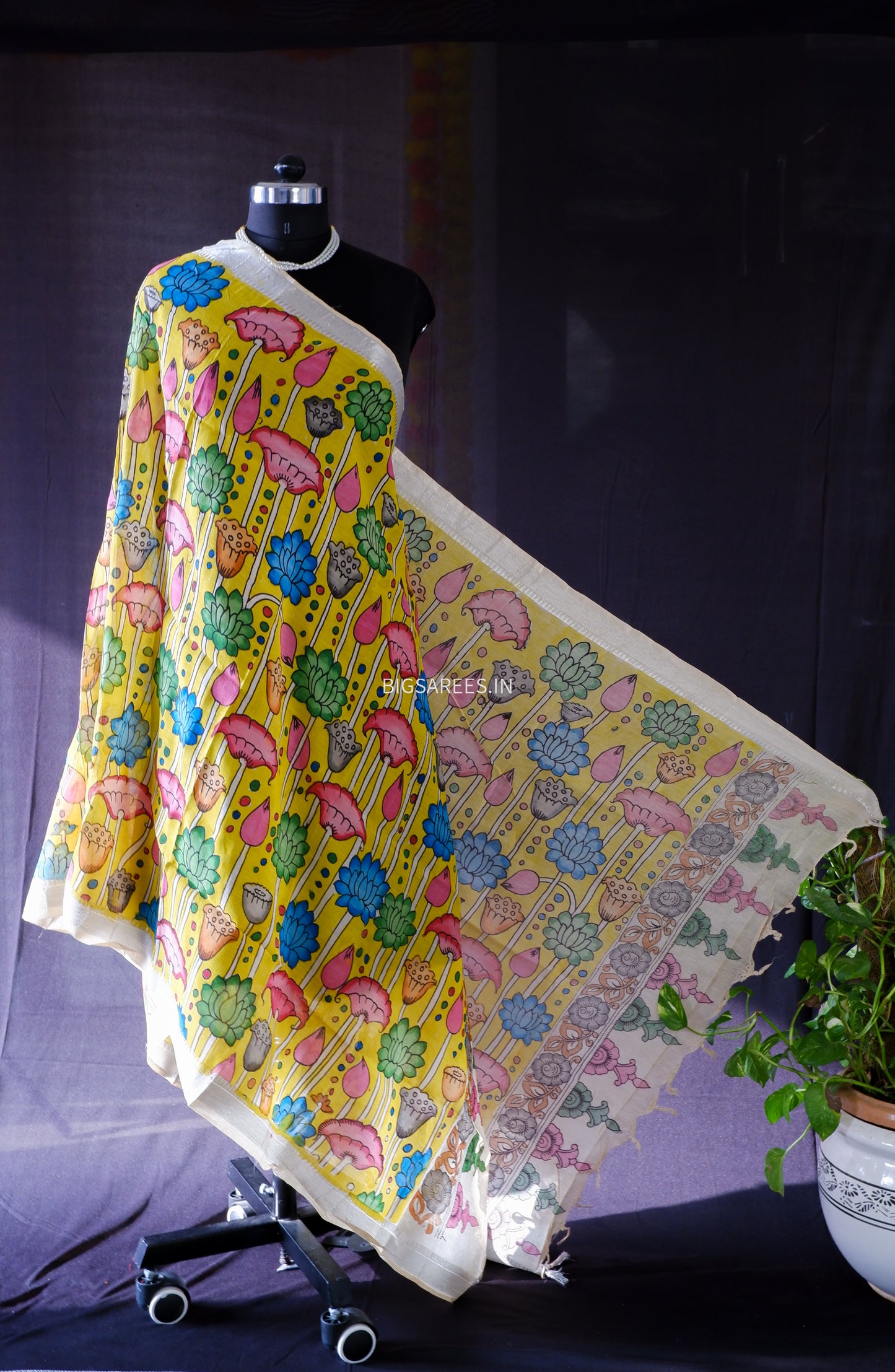 Pen Kalamkari Hand Painted Bangalore Silk Dupatta | Yellow | 36"